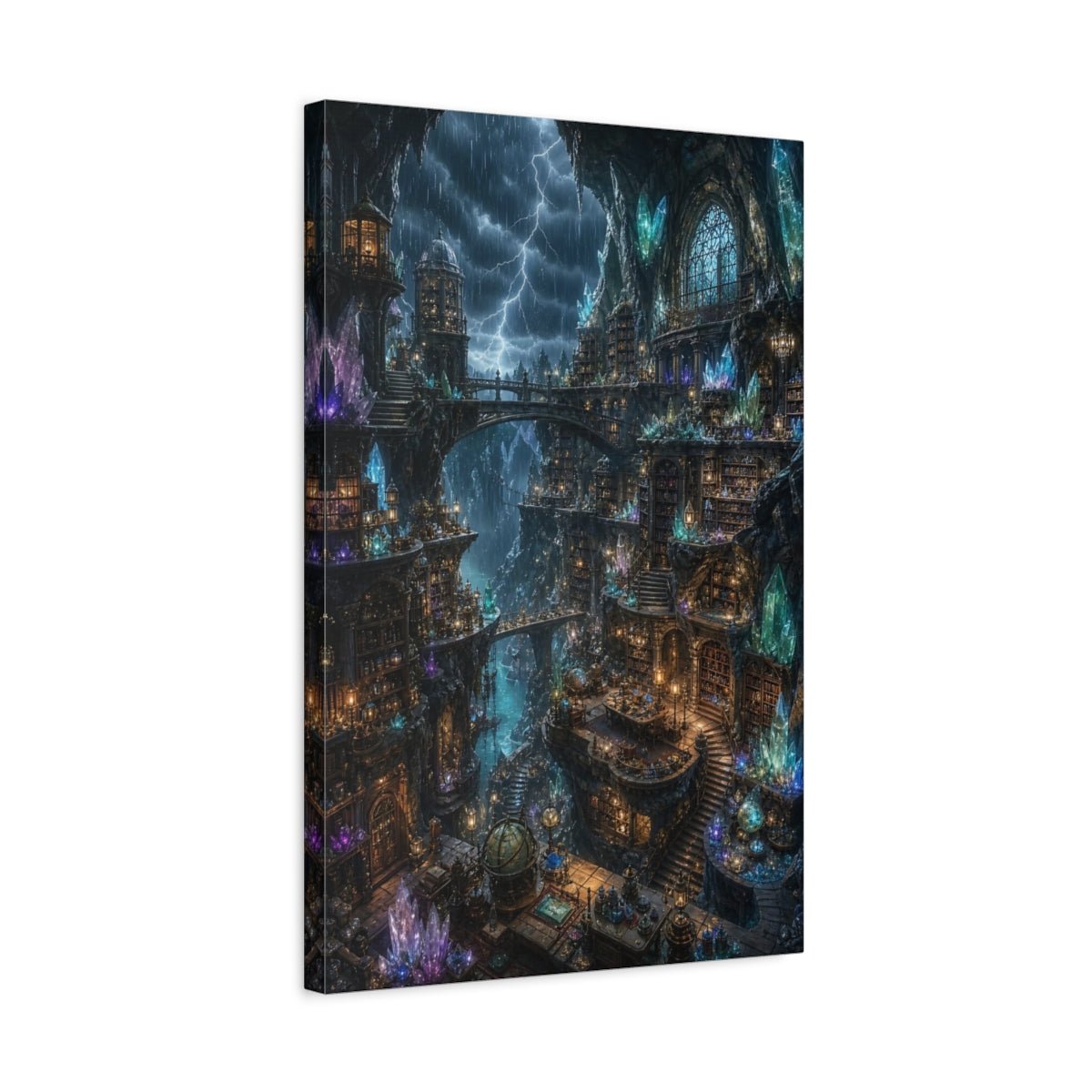 Science Fiction Crystal Library Mystical Cave Canvas Wall Art Print – Fantasy Living Room, Large - YesArtYes