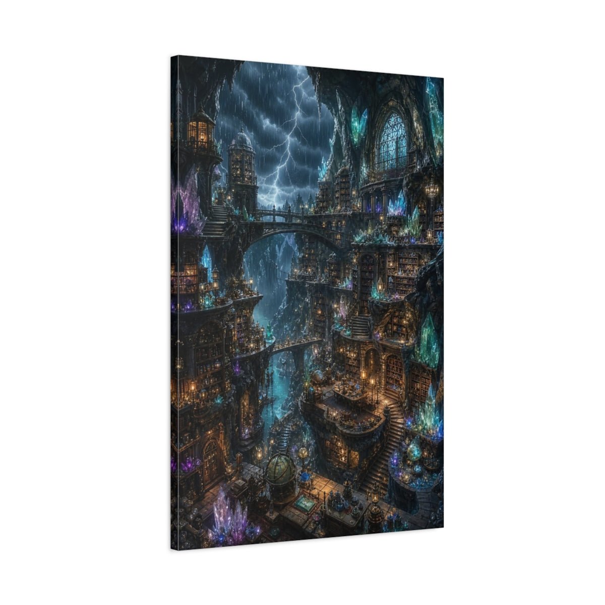 Science Fiction Crystal Library Mystical Cave Canvas Wall Art Print – Fantasy Living Room, Large - YesArtYes