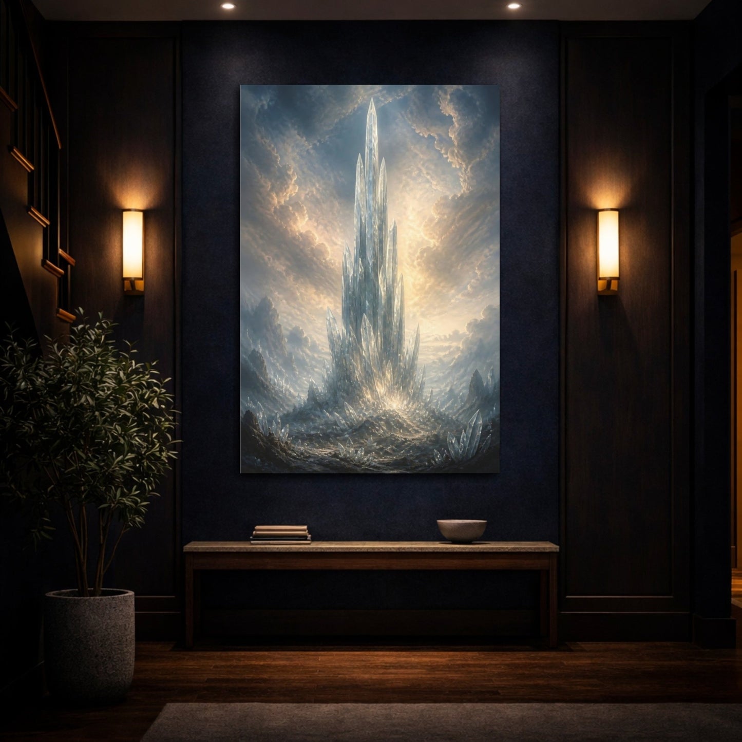 Science Fiction Crystal Spire Blue And Canvas Print – Fantasy Living Room, Above Fireplace - YesArtYes