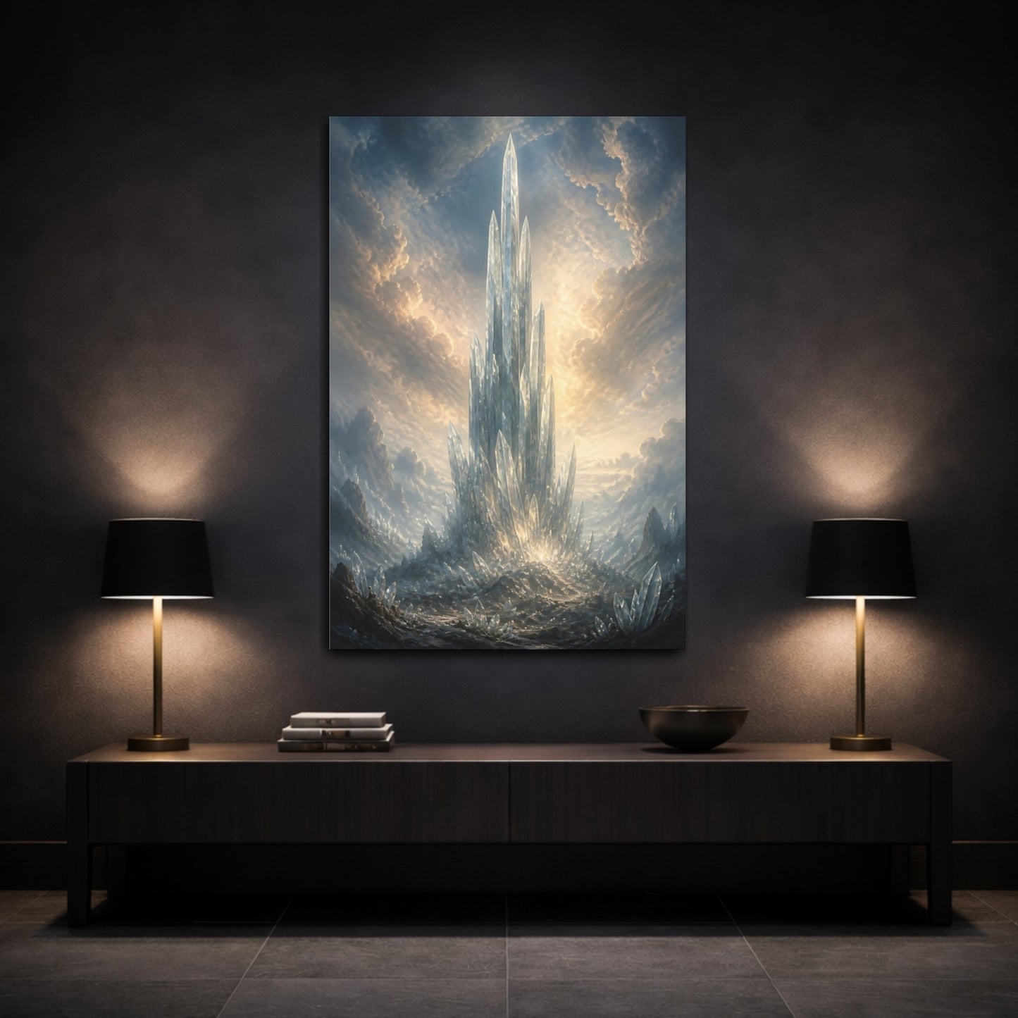 Mockup 3. Science Fiction Crystal Spire Blue And Gold shown as stretched canvas wall art