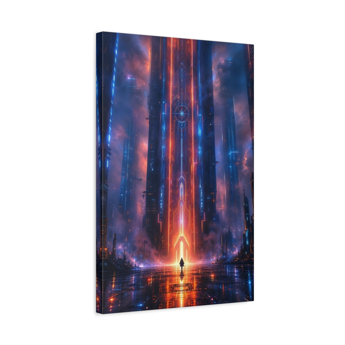 Side Mockup 3. Science Fiction Cyberpunk City Neon Blue Red shown as stretched canvas wall art