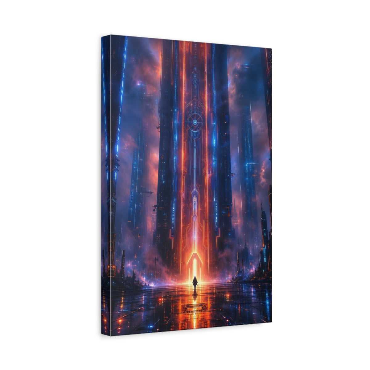 Side Mockup 4. Science Fiction Cyberpunk City Neon Blue Red shown as stretched canvas wall art