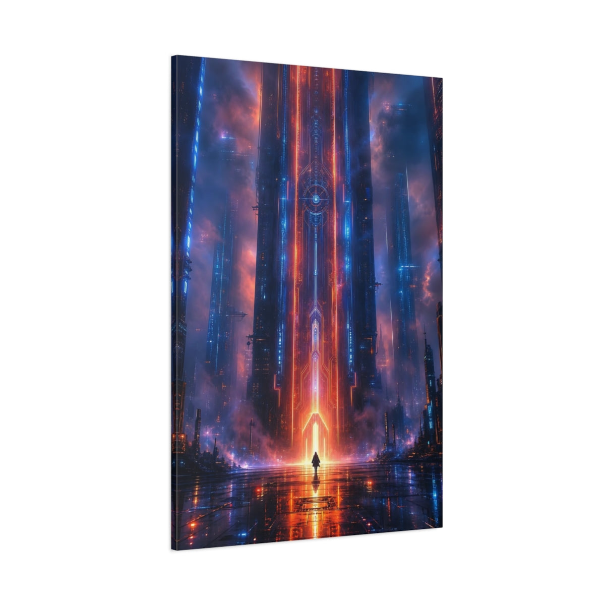 Side Mockup 1. Science Fiction Cyberpunk City Neon Blue Red shown as stretched canvas wall art