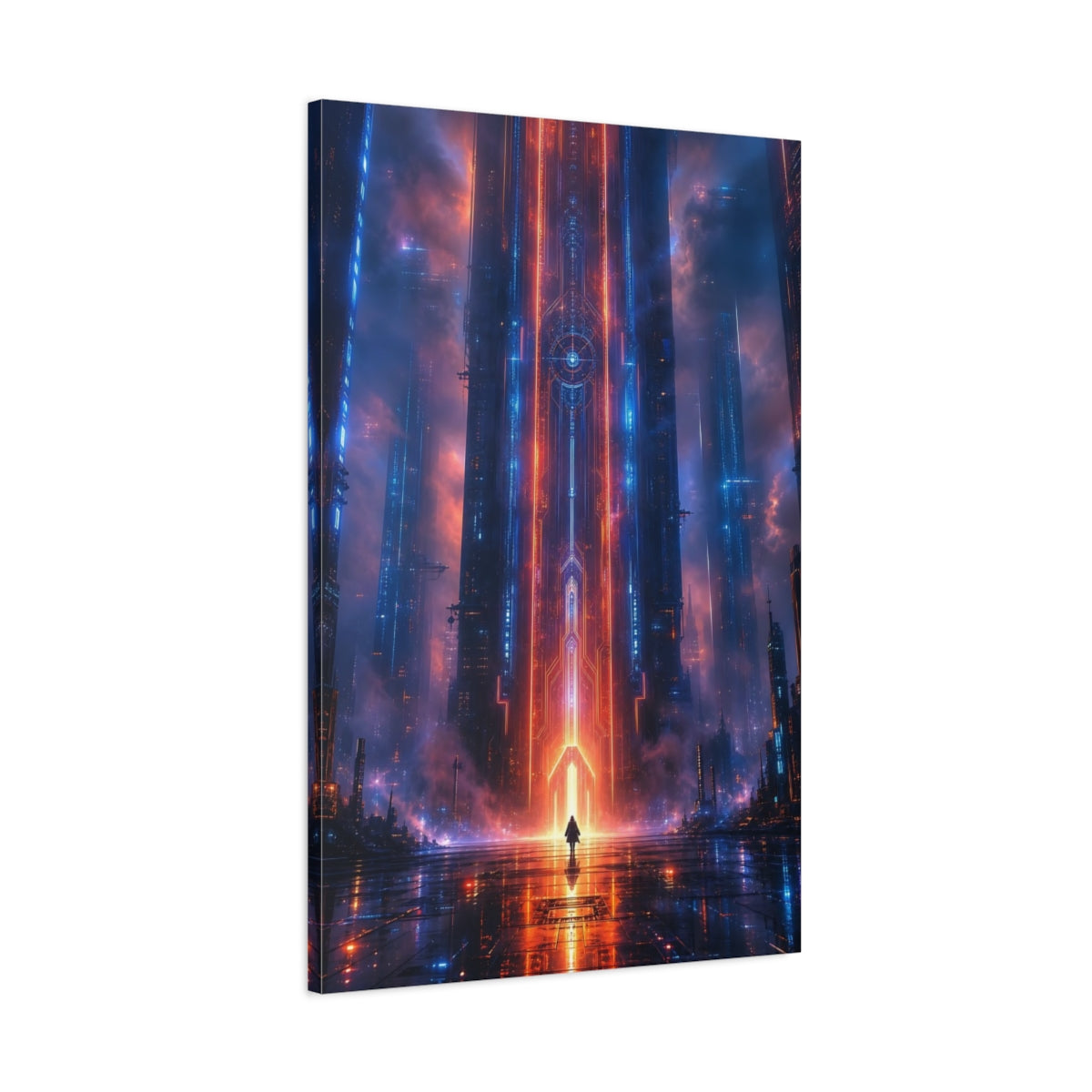Main Mockup. Science Fiction Cyberpunk City Neon Blue Red shown as stretched canvas wall art