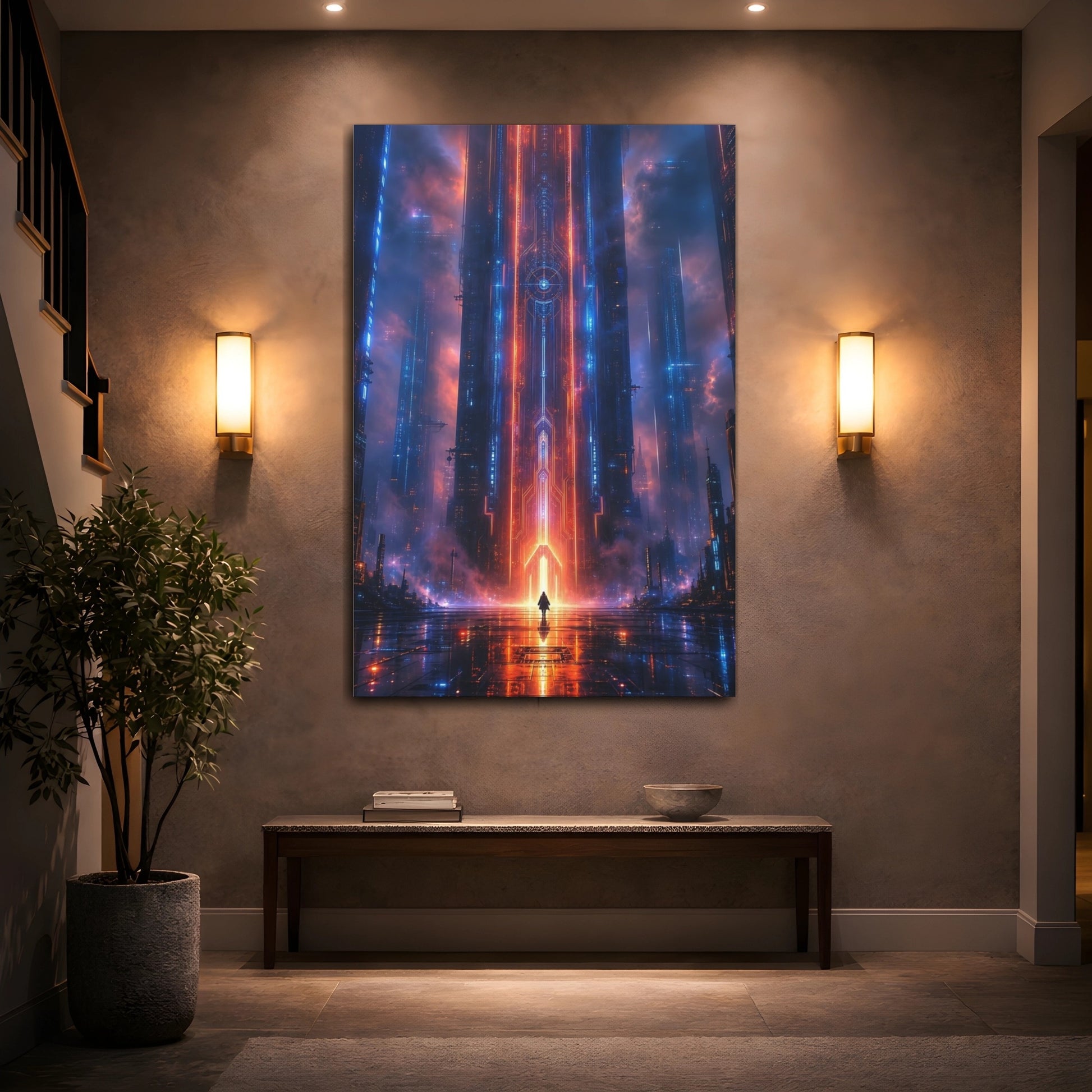 Mockup 2. Science Fiction Cyberpunk City Neon Blue Red shown as stretched canvas wall art