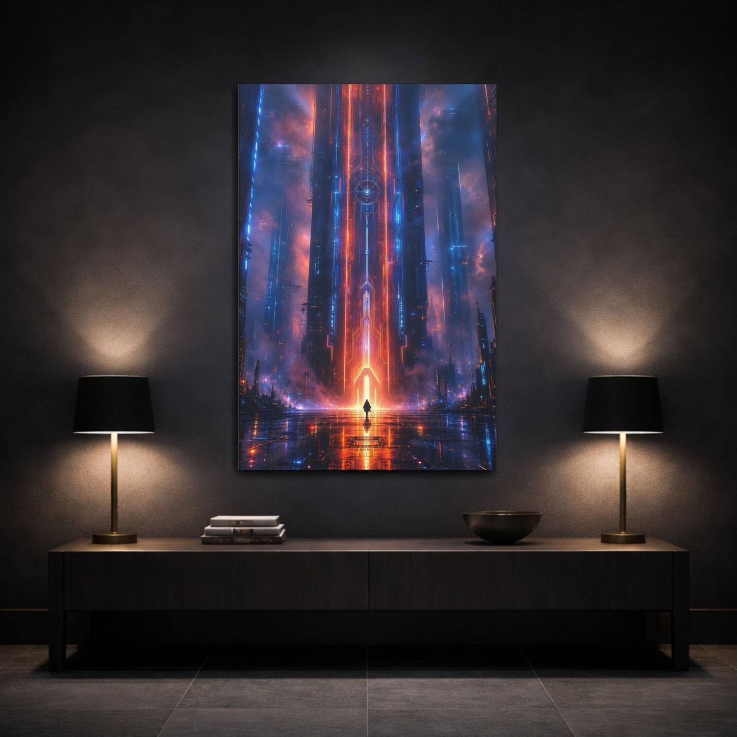 Mockup 3. Science Fiction Cyberpunk City Neon Blue Red shown as stretched canvas wall art