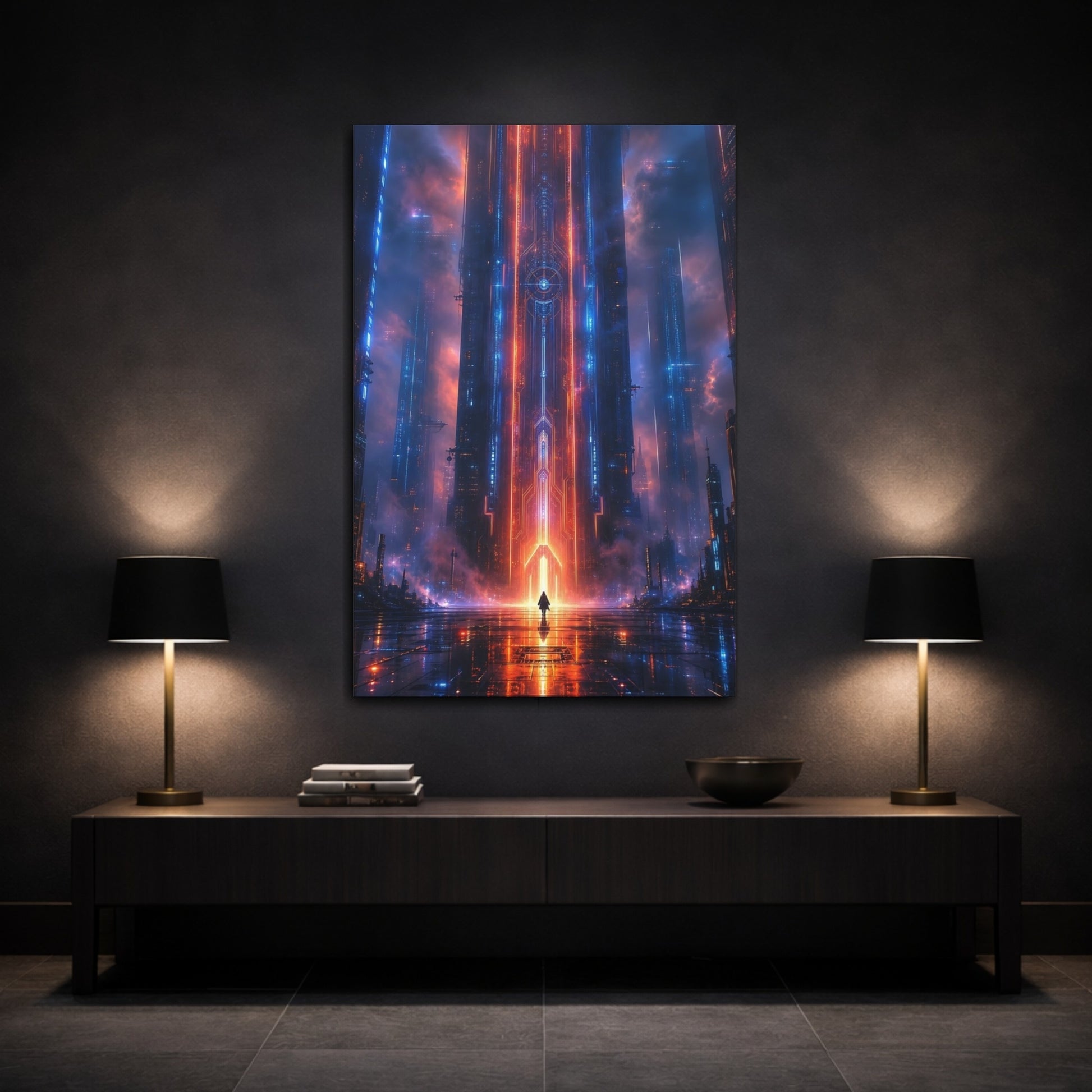 Mockup 3. Science Fiction Cyberpunk City Neon Blue Red shown as stretched canvas wall art