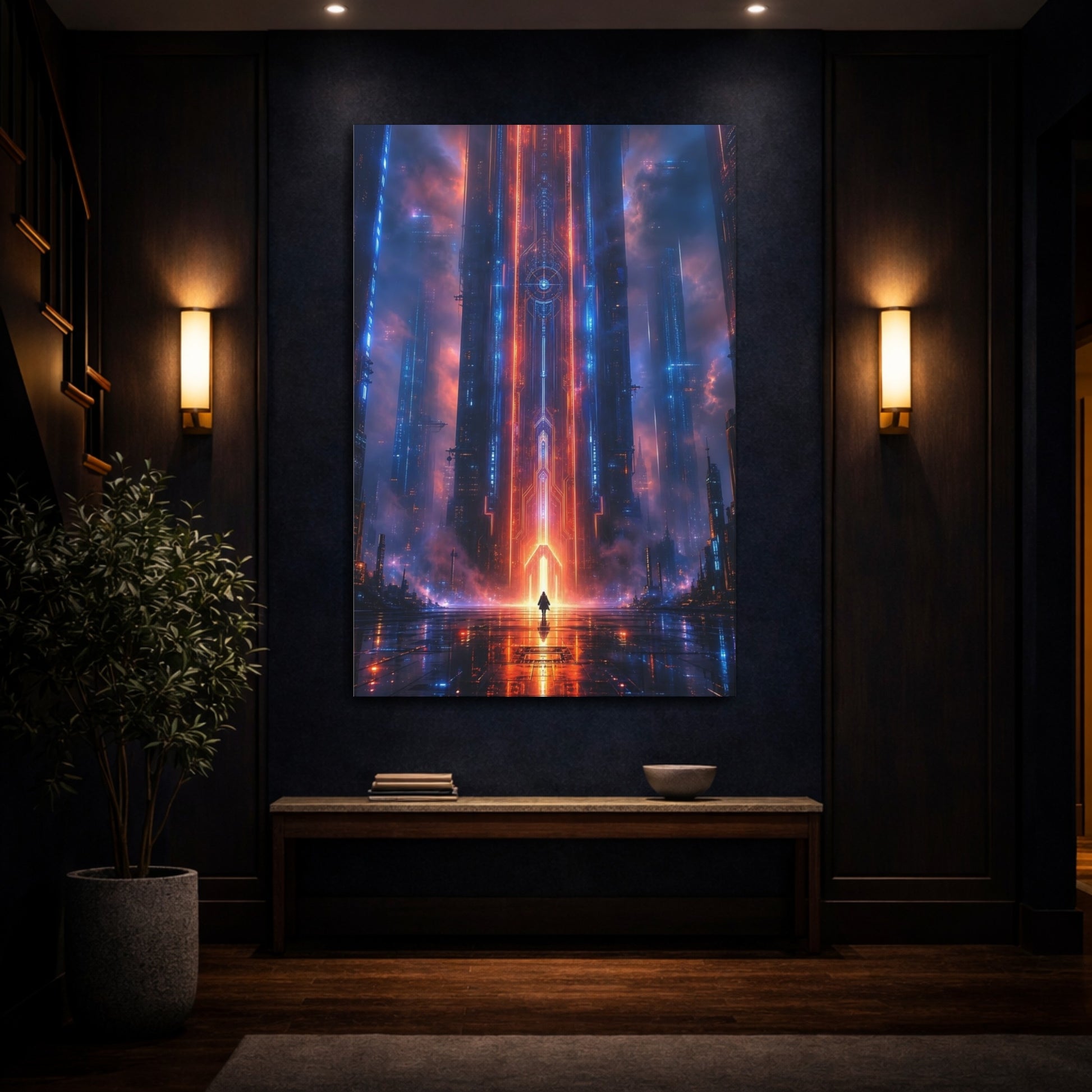 Mockup 4. Science Fiction Cyberpunk City Neon Blue Red shown as stretched canvas wall art