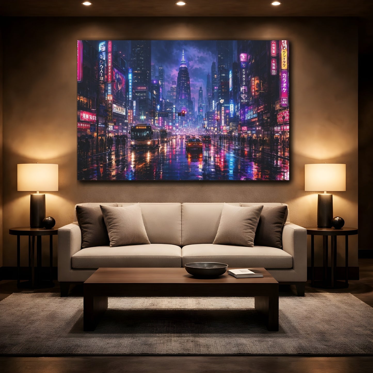 Mockup 2. Science Fiction Cyberpunk City Purple And Blue shown as stretched canvas wall art