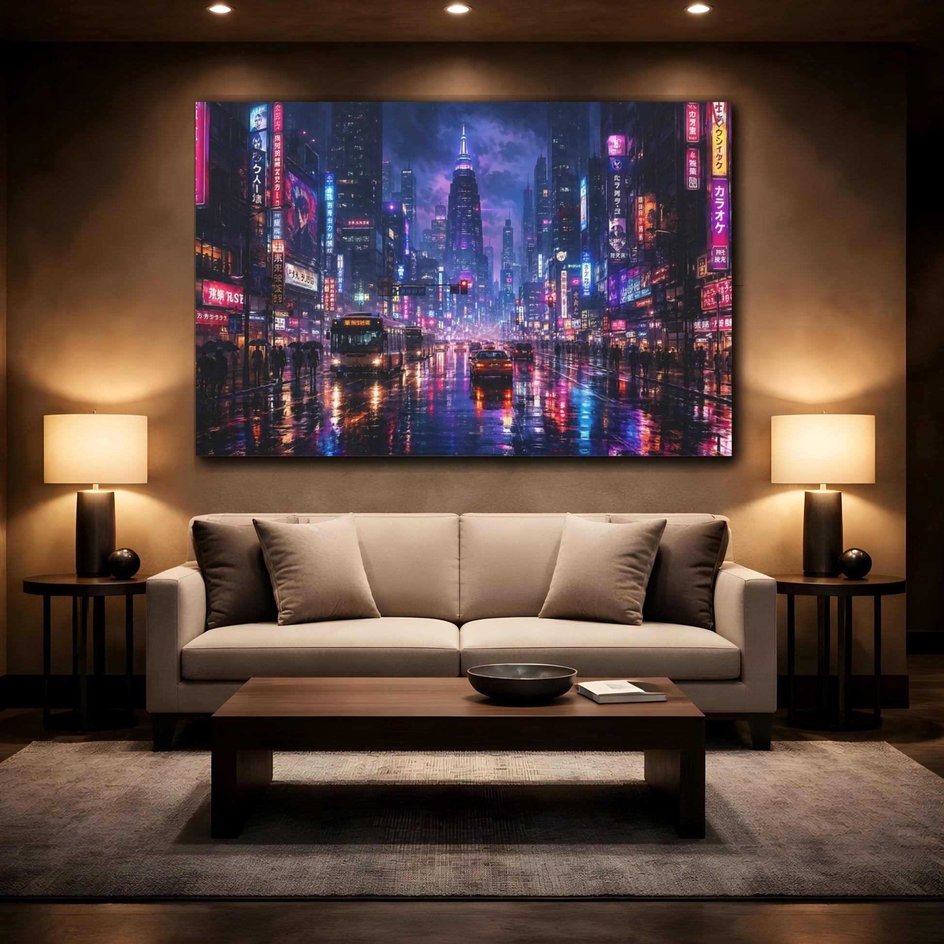 Mockup 2. Science Fiction Cyberpunk City Purple And Blue shown as stretched canvas wall art