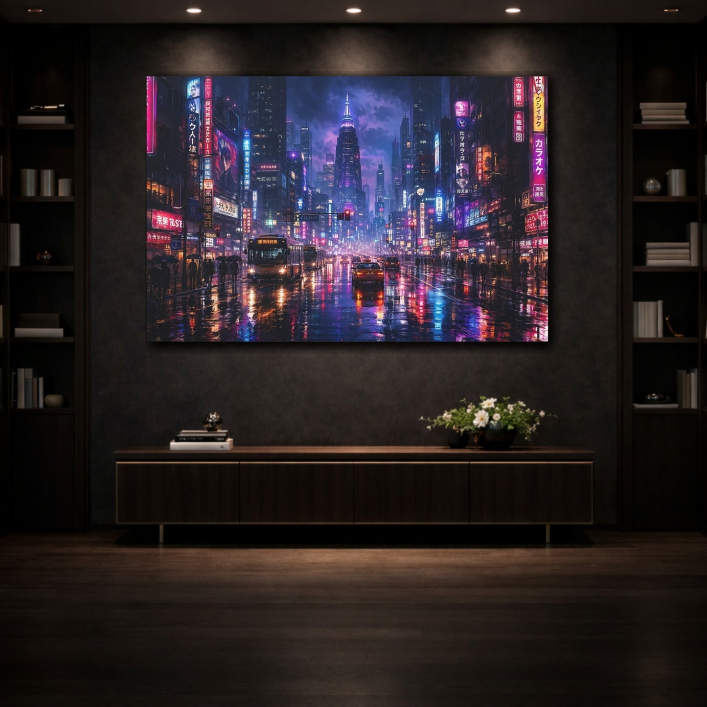 Mockup 3. Science Fiction Cyberpunk City Purple And Blue shown as stretched canvas wall art
