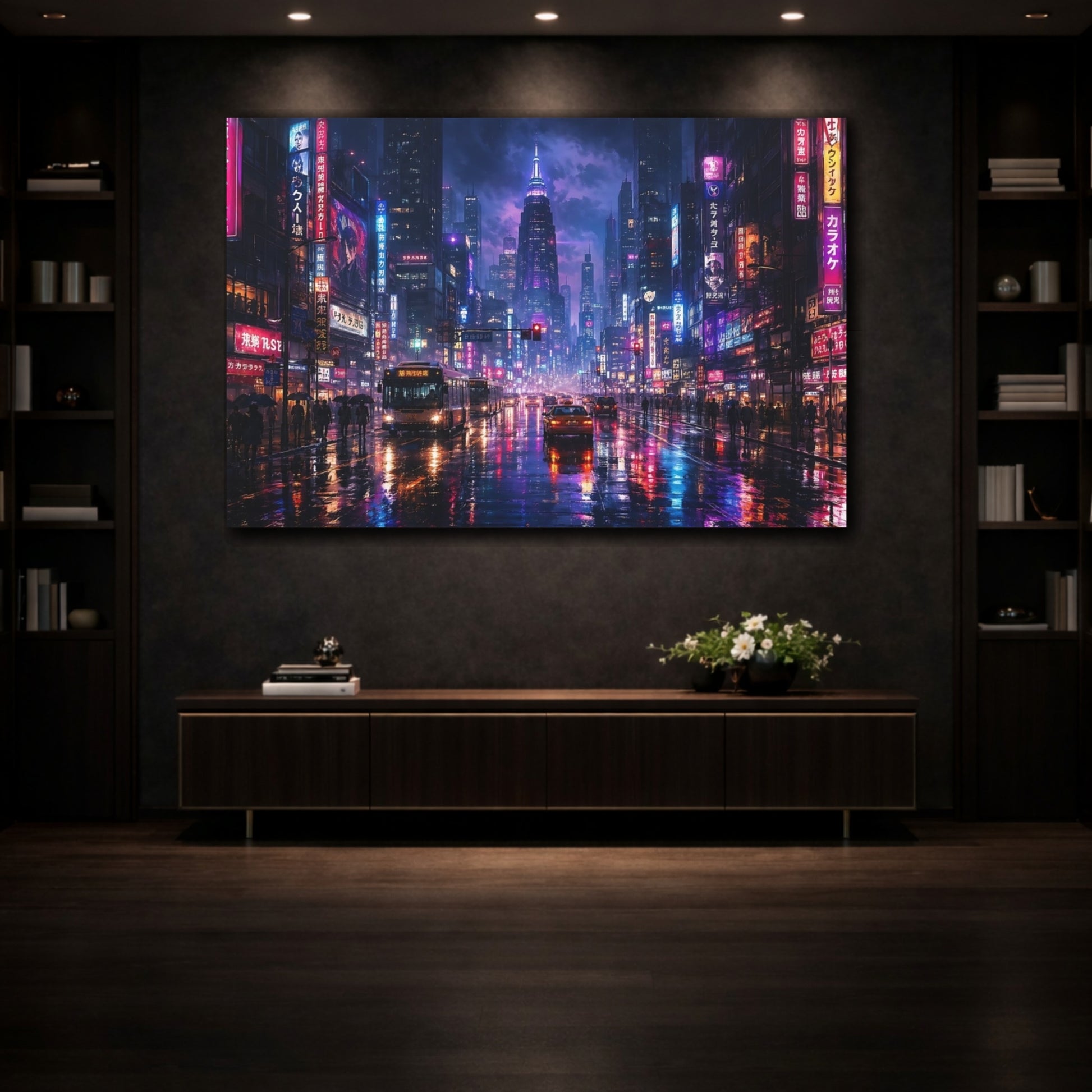 Mockup 3. Science Fiction Cyberpunk City Purple And Blue shown as stretched canvas wall art