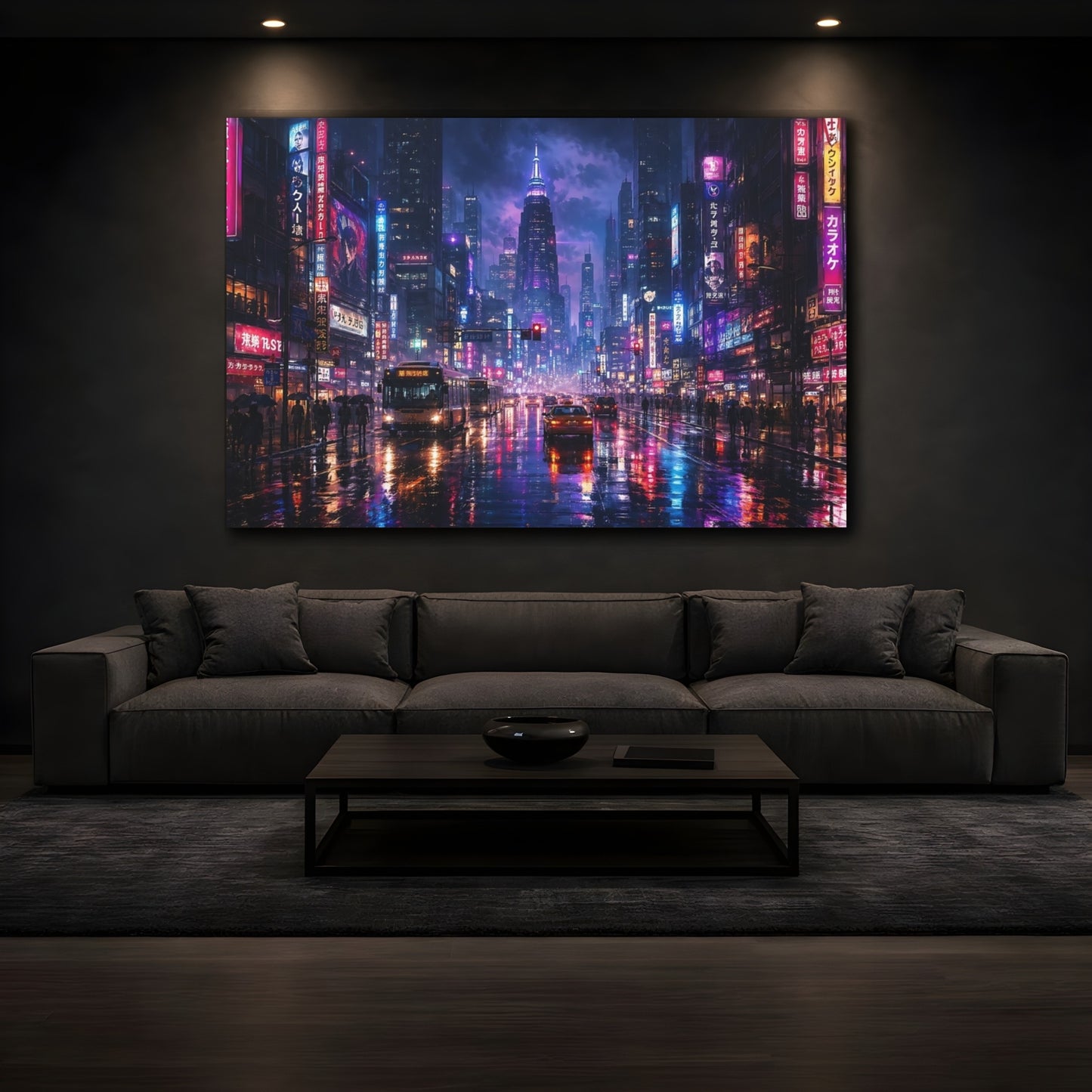Mockup 4. Science Fiction Cyberpunk City Purple And Blue shown as stretched canvas wall art