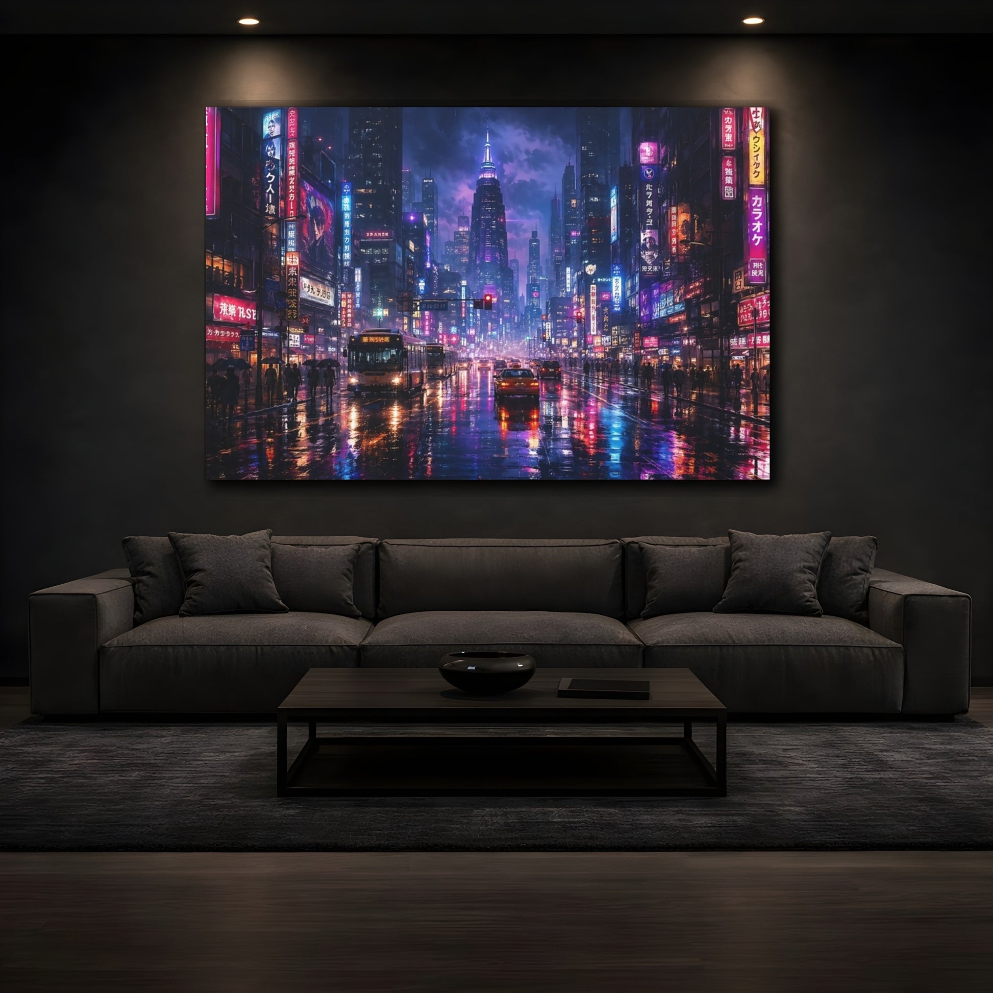 Mockup 4. Science Fiction Cyberpunk City Purple And Blue shown as stretched canvas wall art