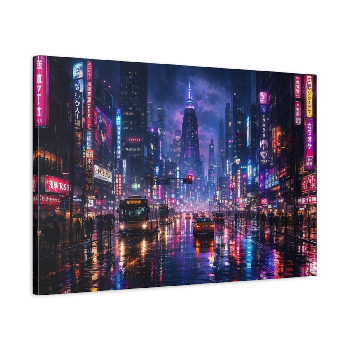 Side Mockup 2. Science Fiction Cyberpunk City Purple And Blue shown as stretched canvas wall art