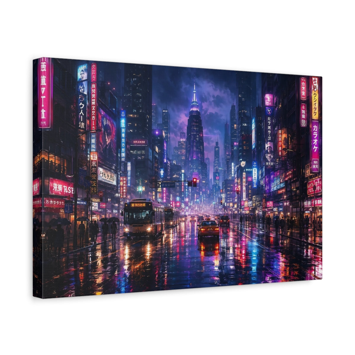 Side Mockup 4. Science Fiction Cyberpunk City Purple And Blue shown as stretched canvas wall art
