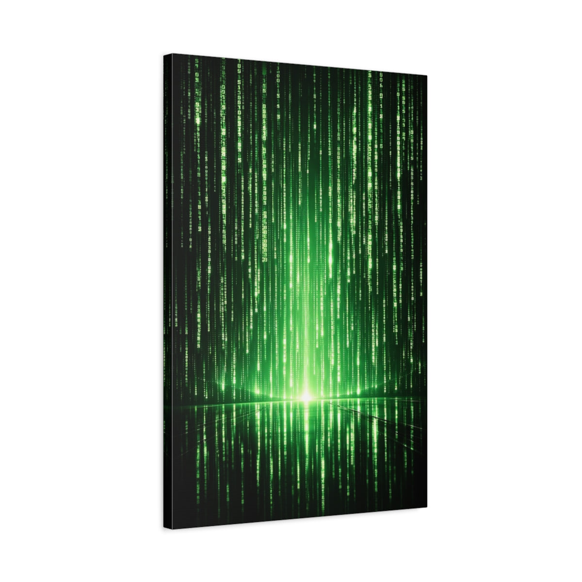 Side Mockup 2. Science Fiction Digital Code Green Digital Code shown as stretched canvas wall art