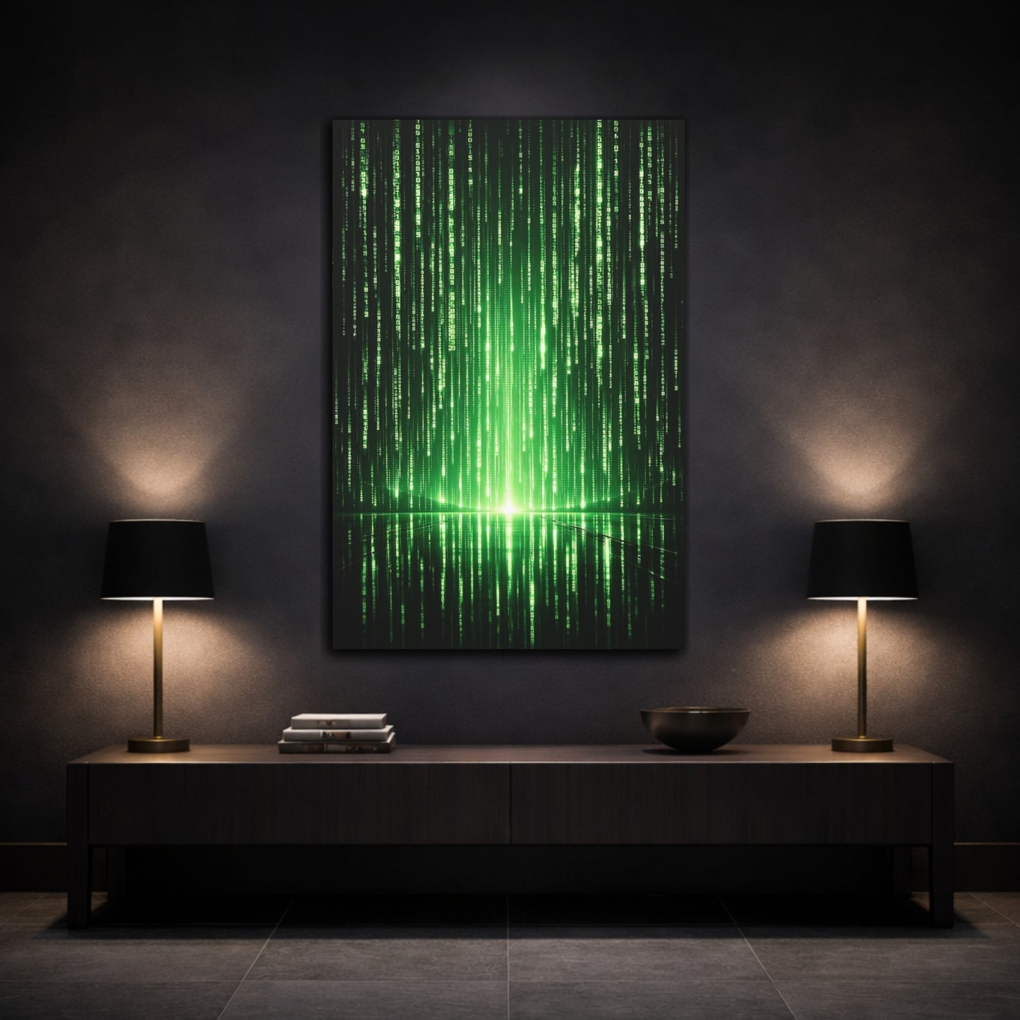 Mockup 2. Science Fiction Digital Code Green Digital Code shown as stretched canvas wall art