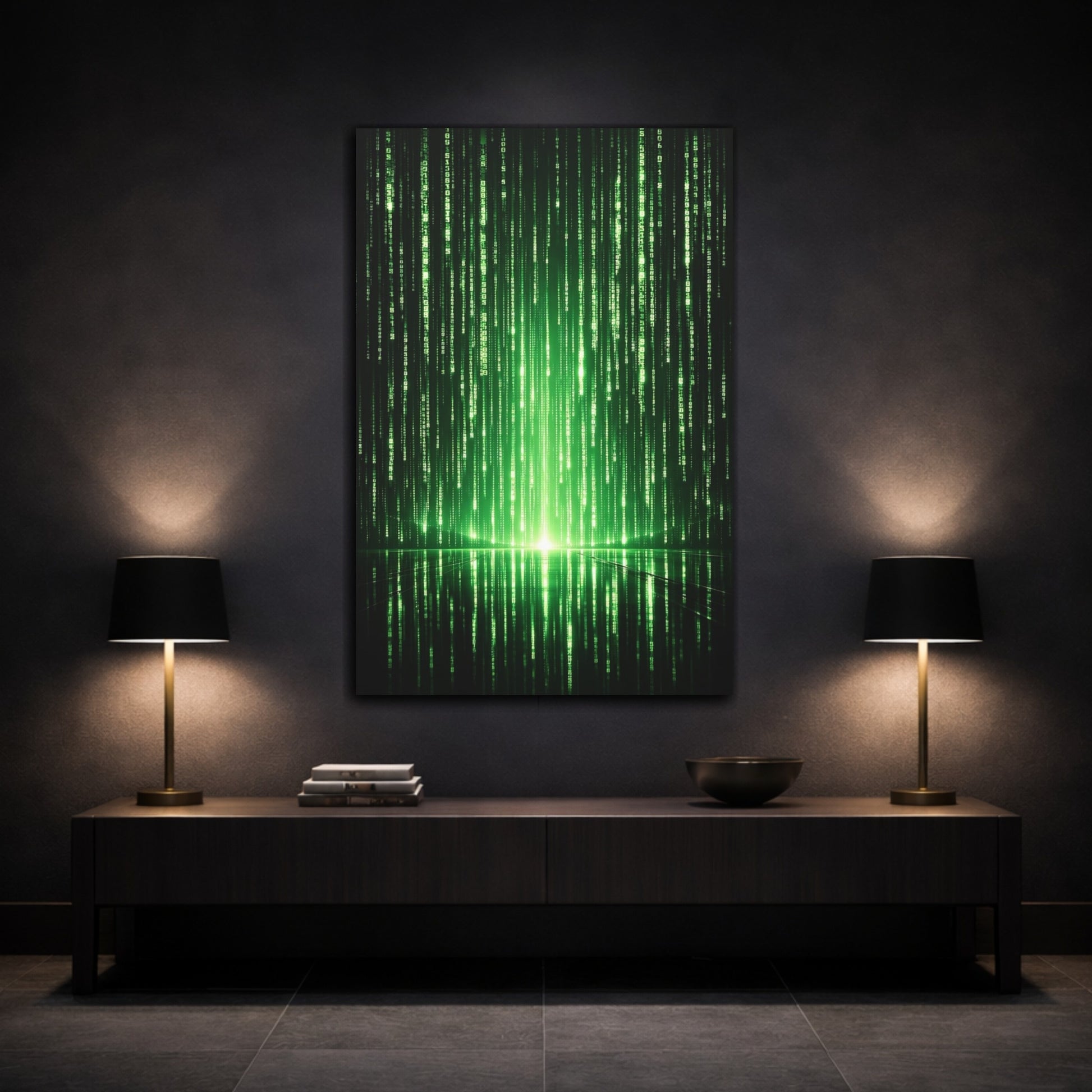 Mockup 2. Science Fiction Digital Code Green Digital Code shown as stretched canvas wall art