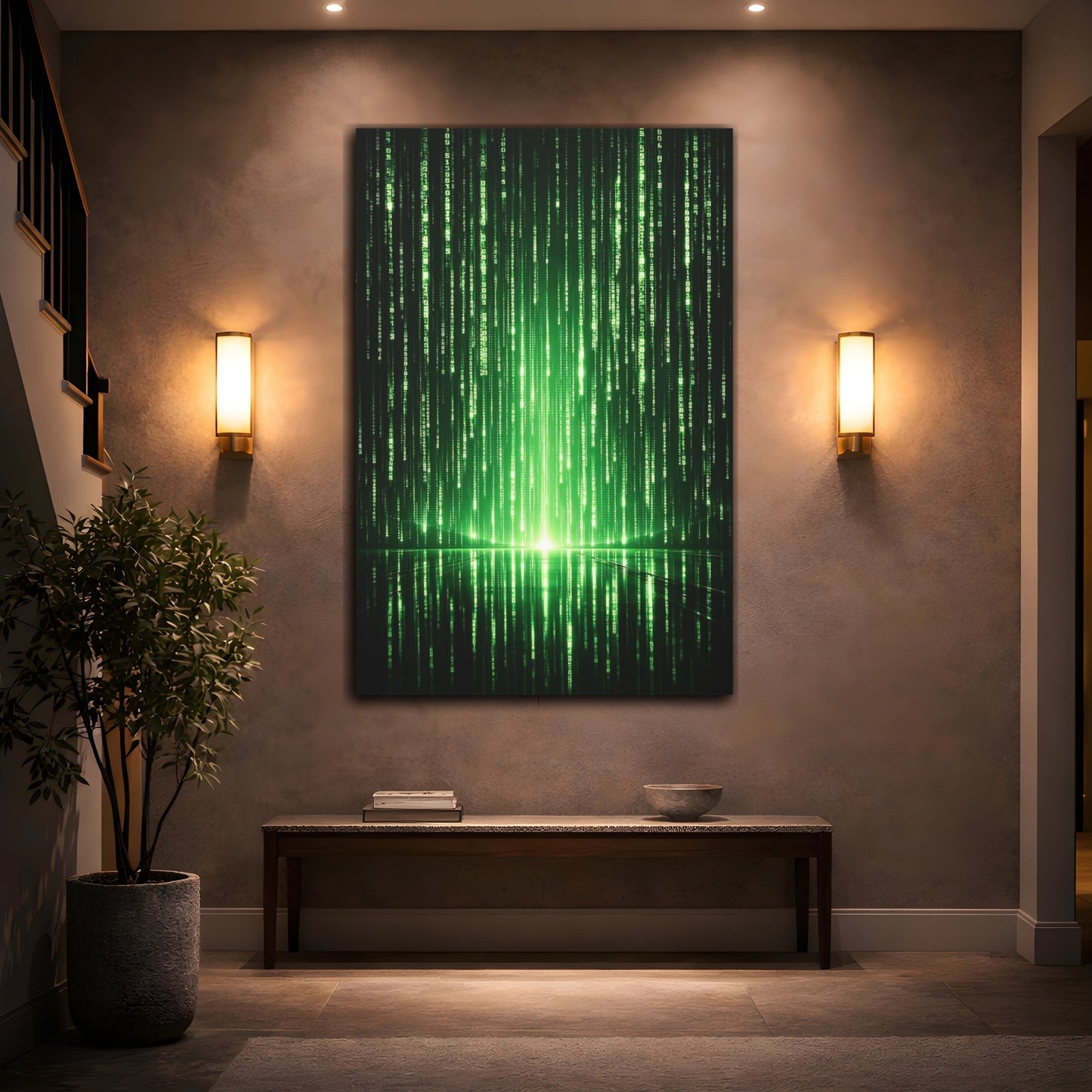 Mockup 3. Science Fiction Digital Code Green Digital Code shown as stretched canvas wall art