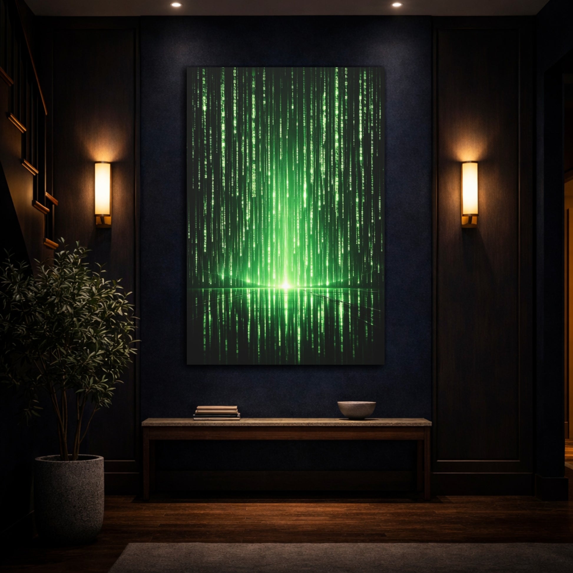 Mockup 4. Science Fiction Digital Code Green Digital Code shown as stretched canvas wall art