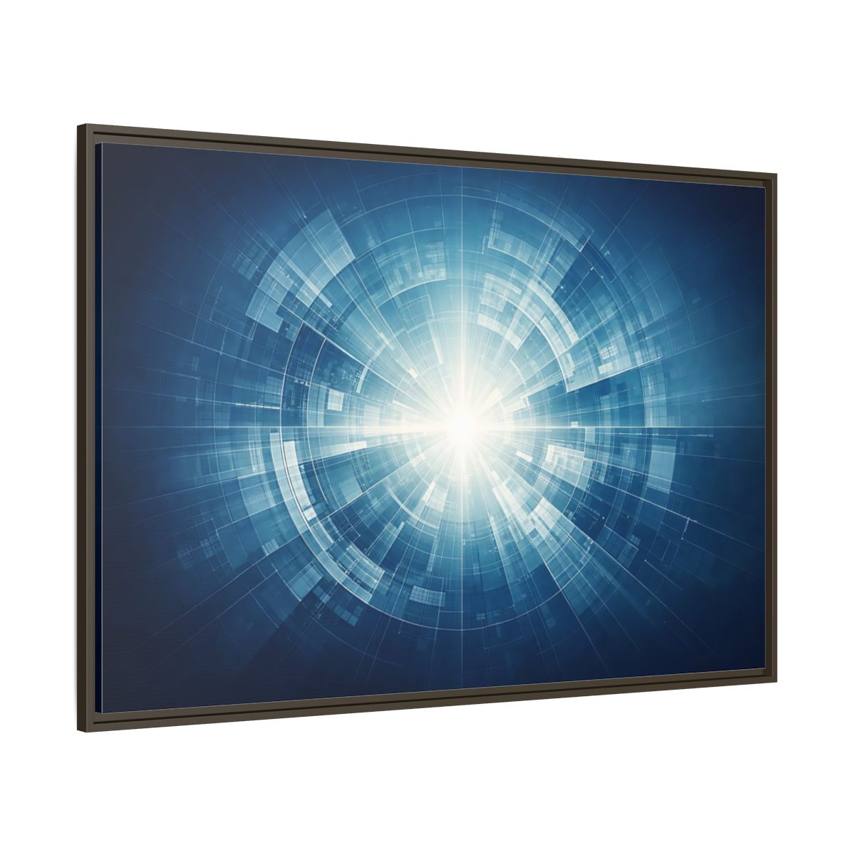Main Mockup. Science Fiction Digital Portal Blue And White shown as stretched canvas wall art