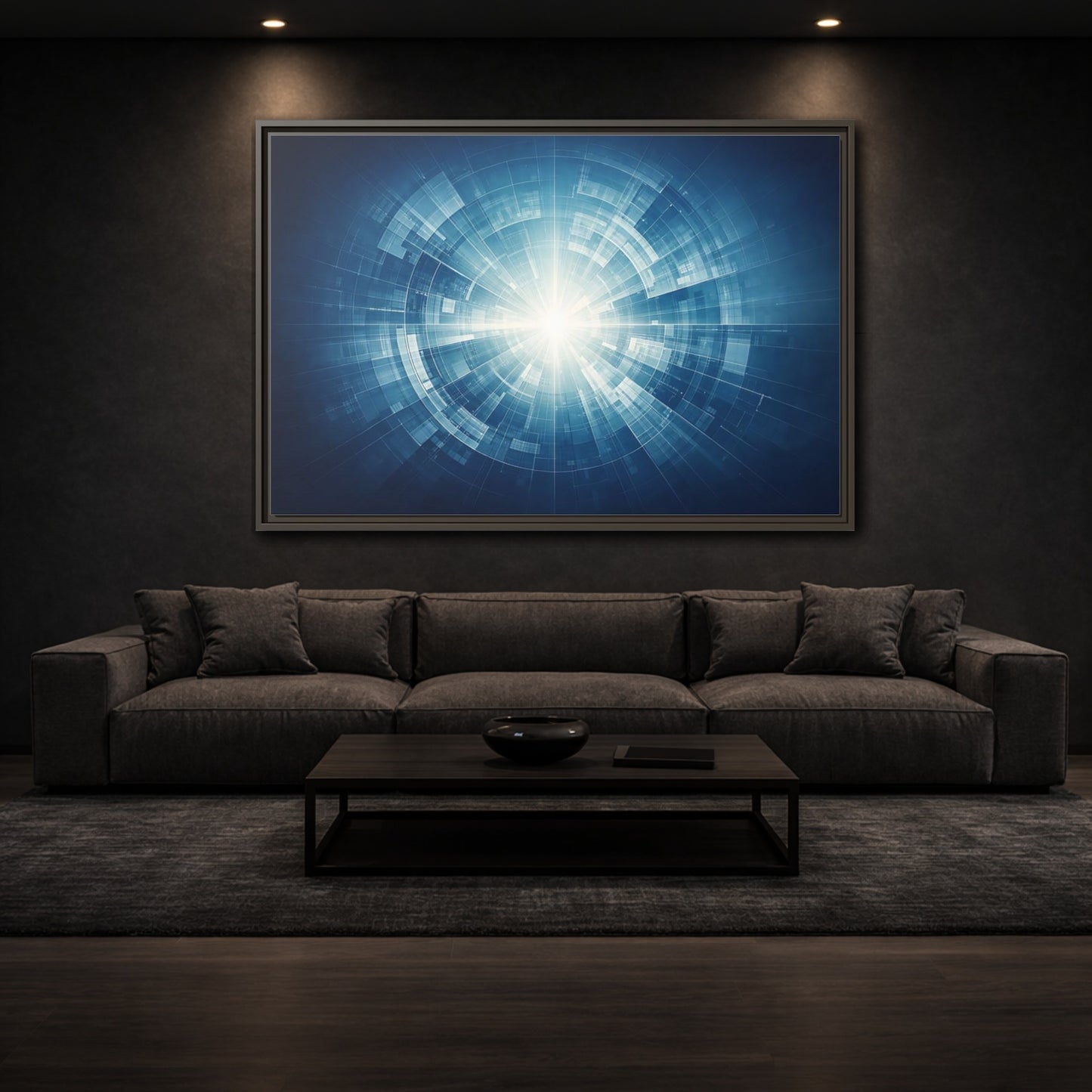 Mockup 2. Science Fiction Digital Portal Blue And White shown as stretched canvas wall art