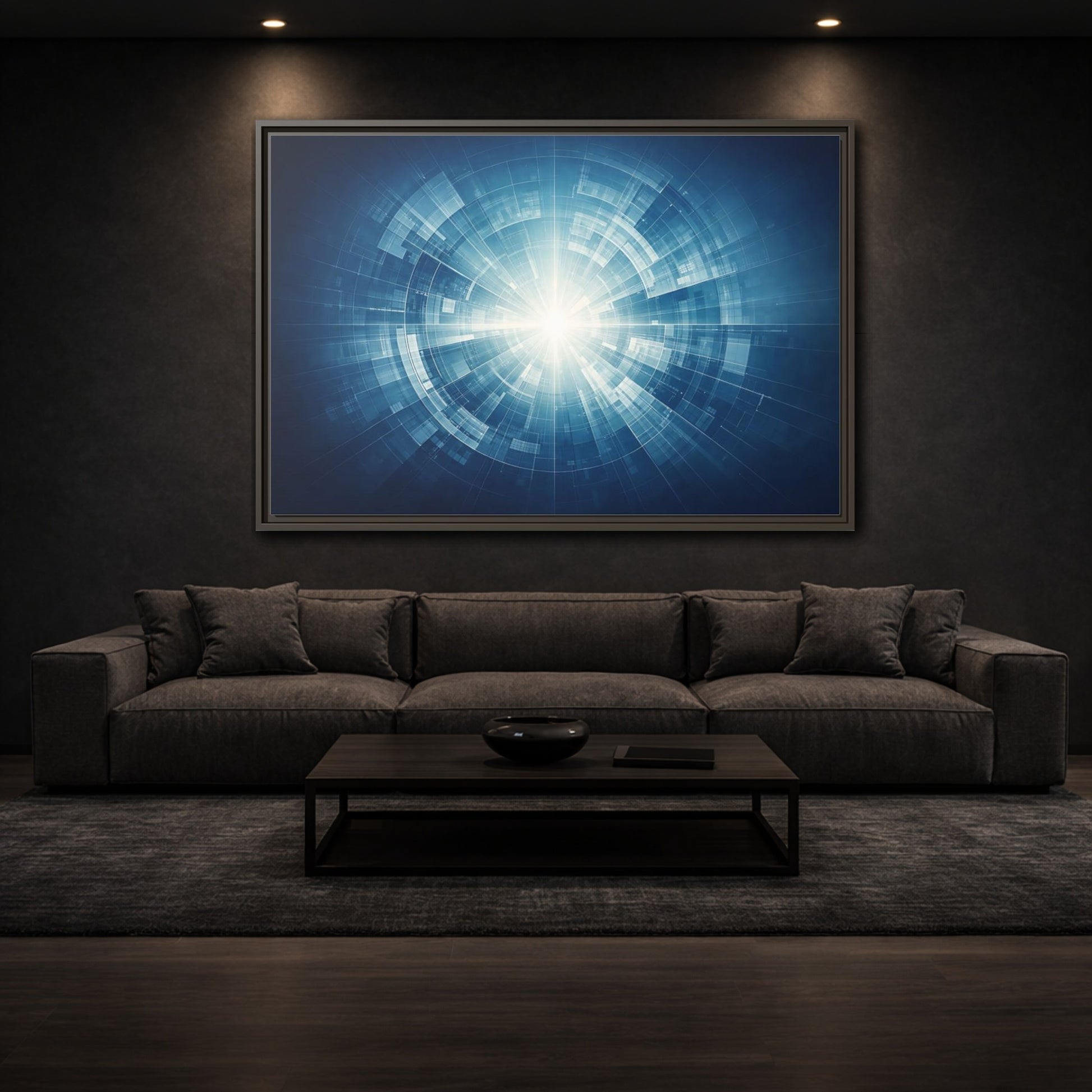 Mockup 2. Science Fiction Digital Portal Blue And White shown as stretched canvas wall art