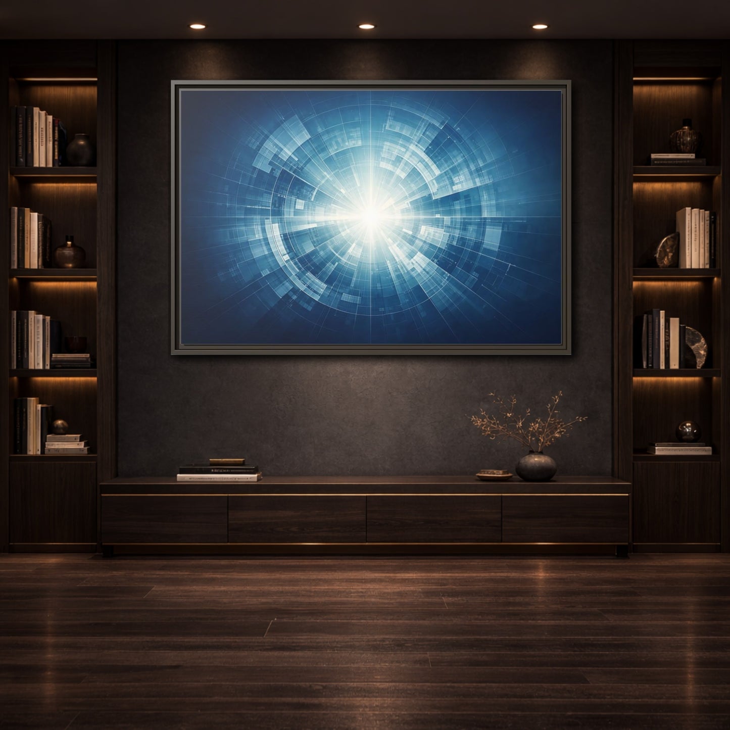 Mockup 3. Science Fiction Digital Portal Blue And White shown as stretched canvas wall art