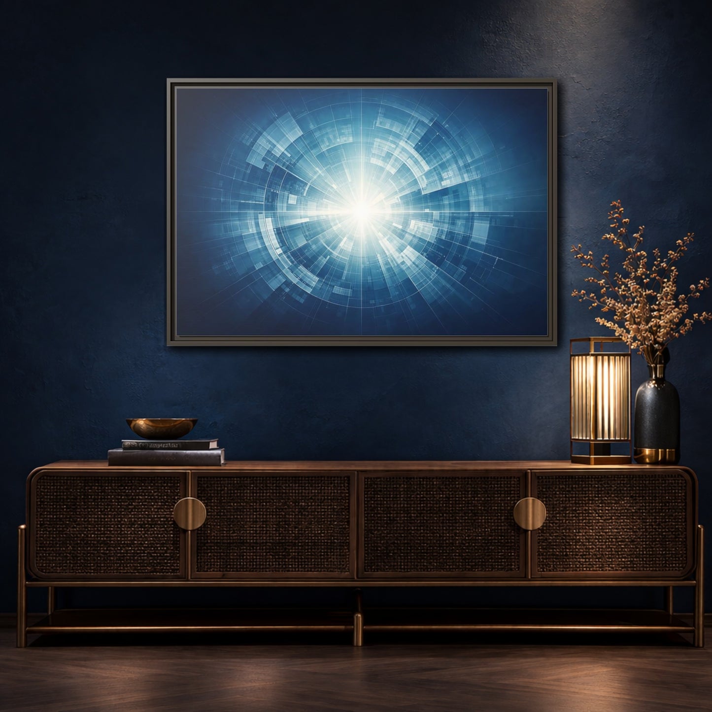 Mockup 4. Science Fiction Digital Portal Blue And White shown as stretched canvas wall art