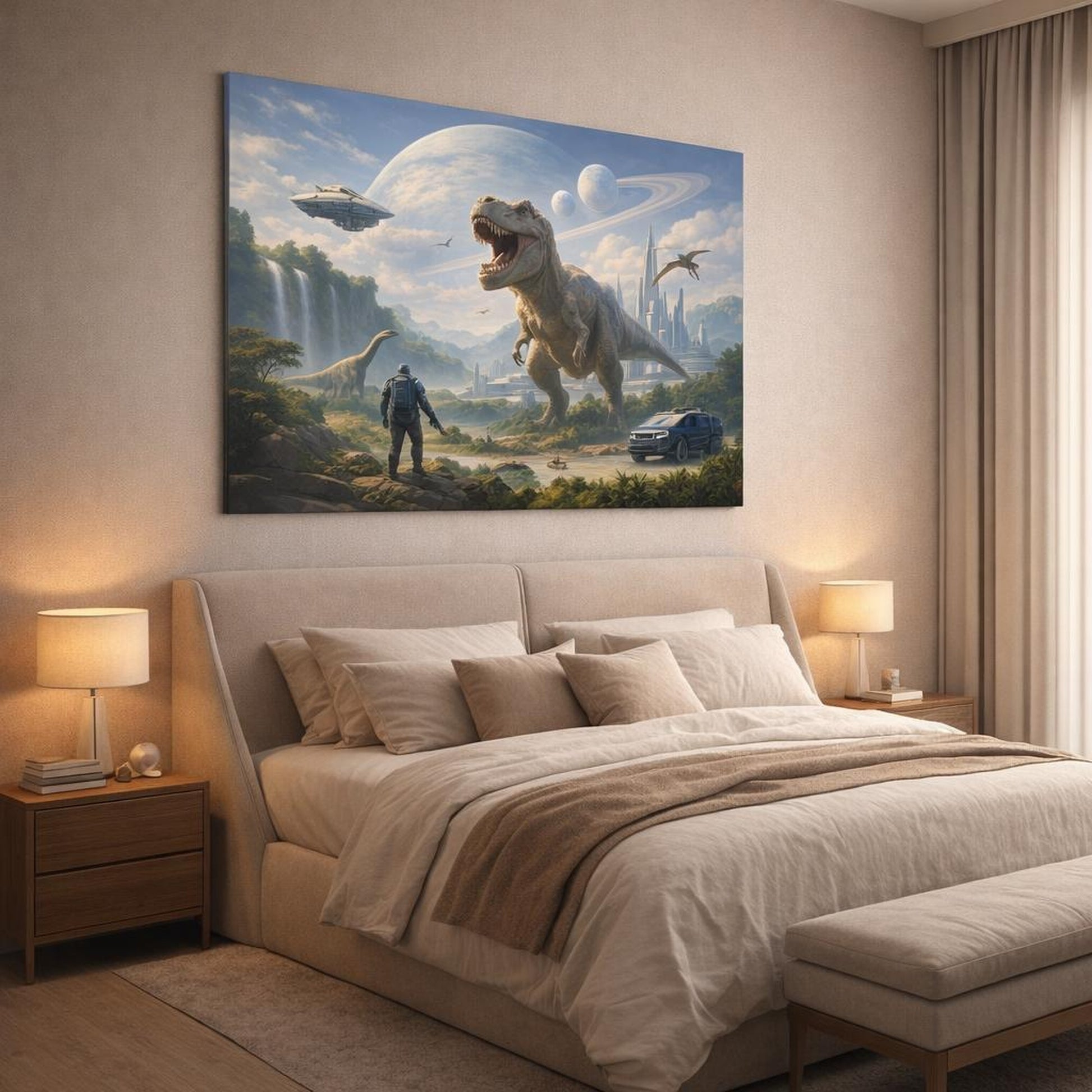 Science Fiction Dino World shown as canvas wall art in a luxury bedroom