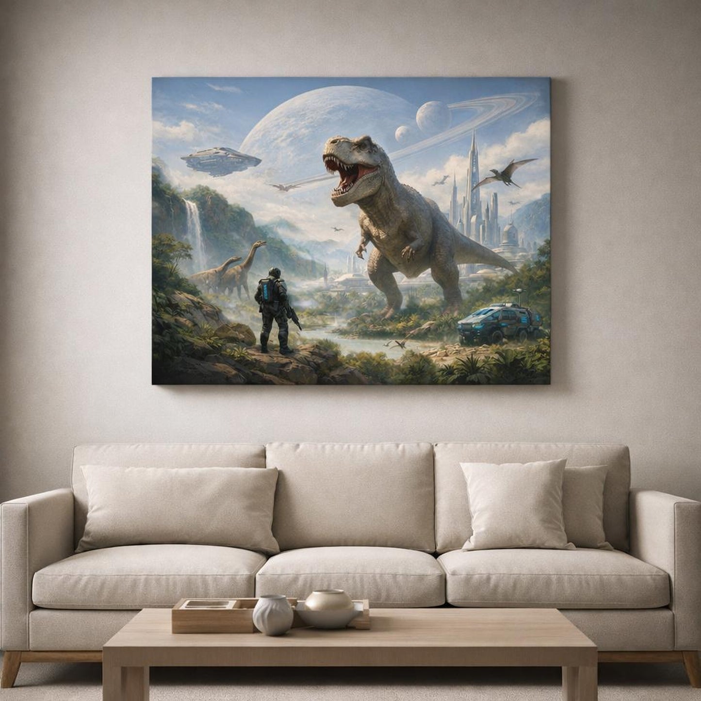 Science Fiction Dino World shown as canvas wall art in a refined dining room