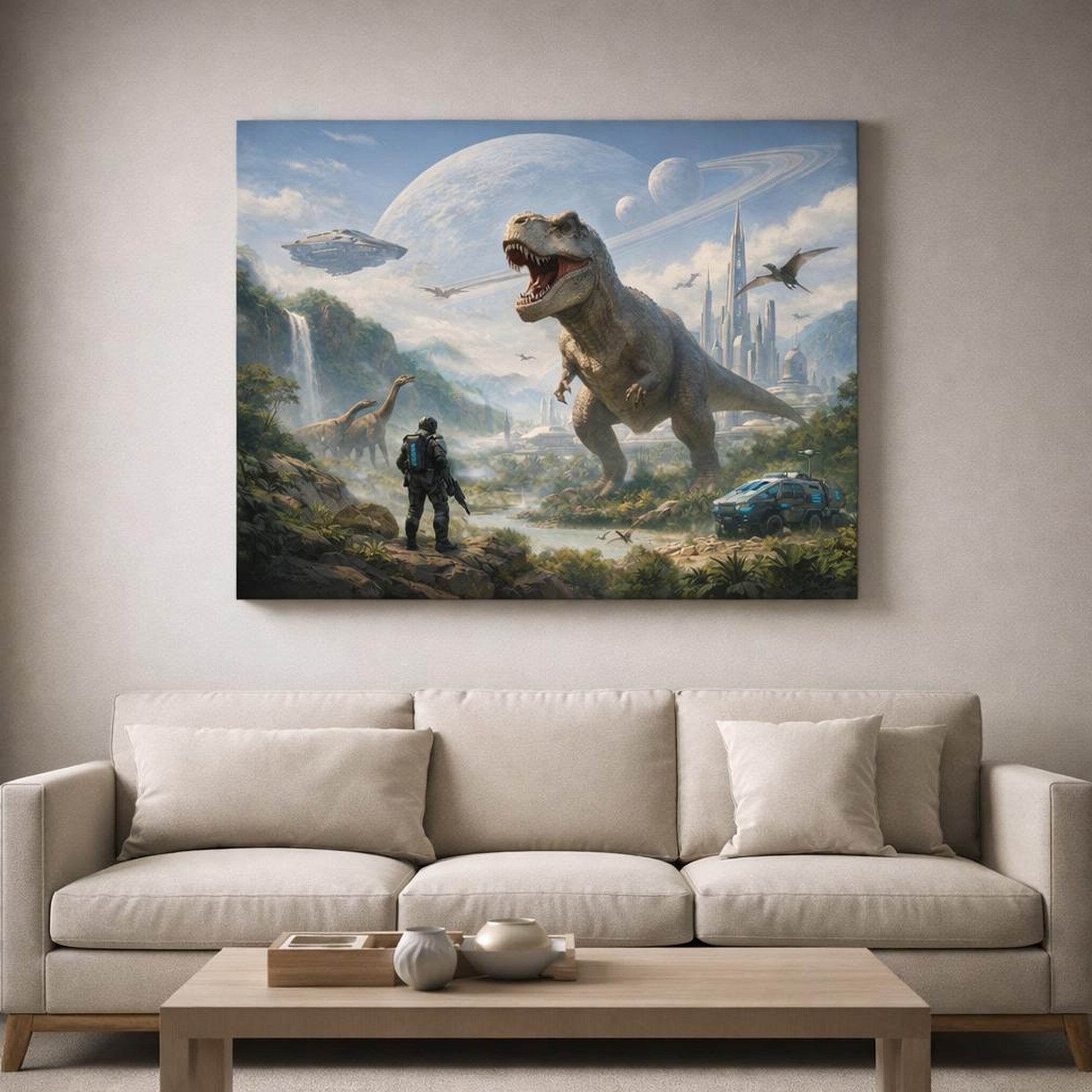 Science Fiction Dino World shown as canvas wall art in a refined dining room