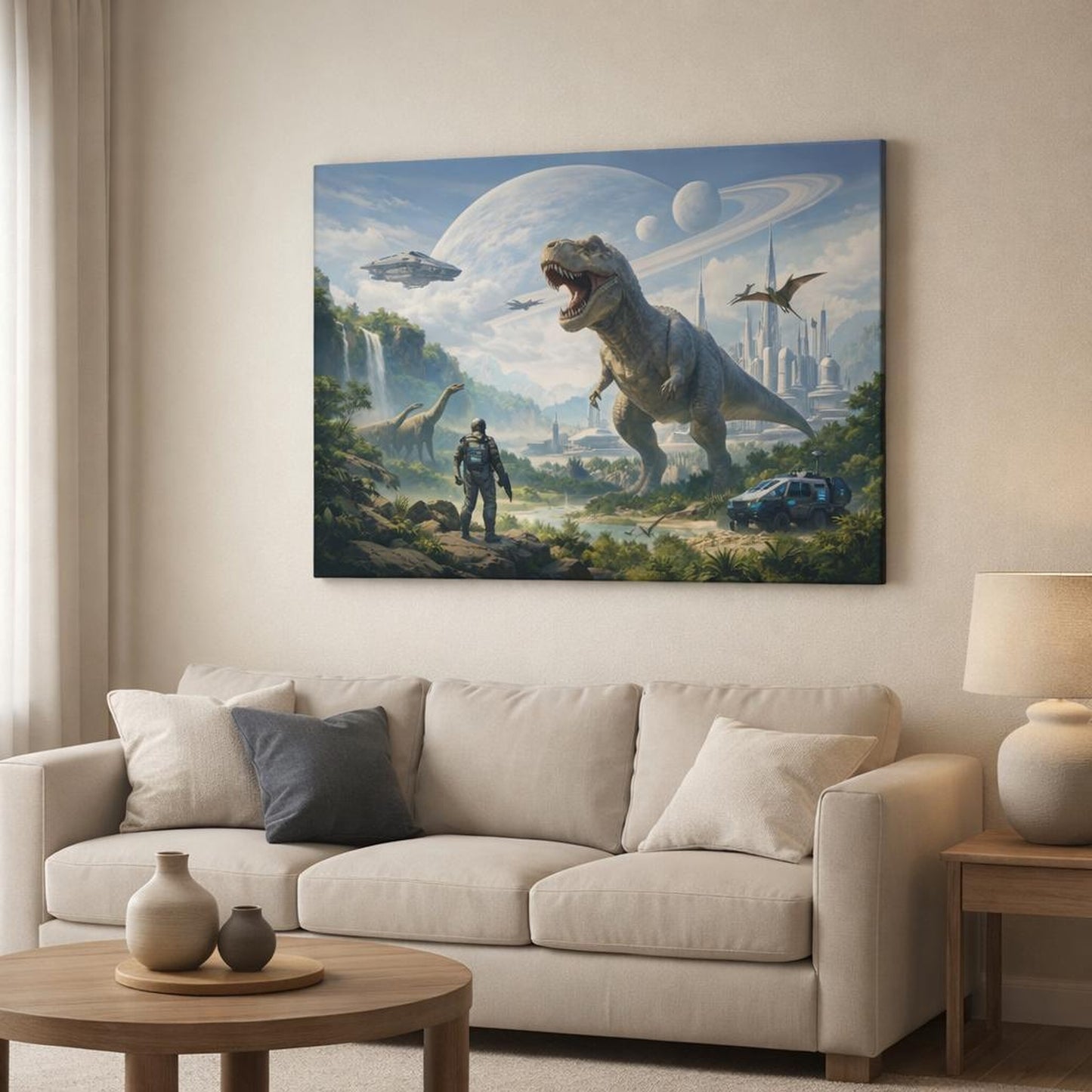 Science Fiction Dino World shown as canvas wall art in a modern living room