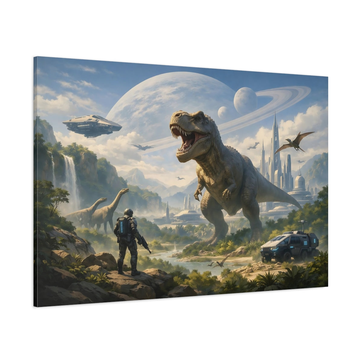 Science Fiction Dino World shown as stretched canvas wall art