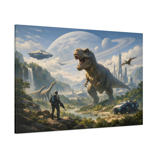 Science Fiction Dino World shown as stretched canvas wall art