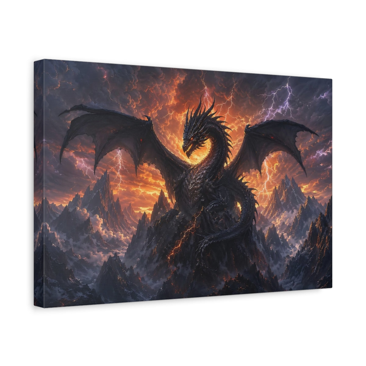 Side Mockup 4. Science Fiction Dragon Black Dragon shown as stretched canvas wall art