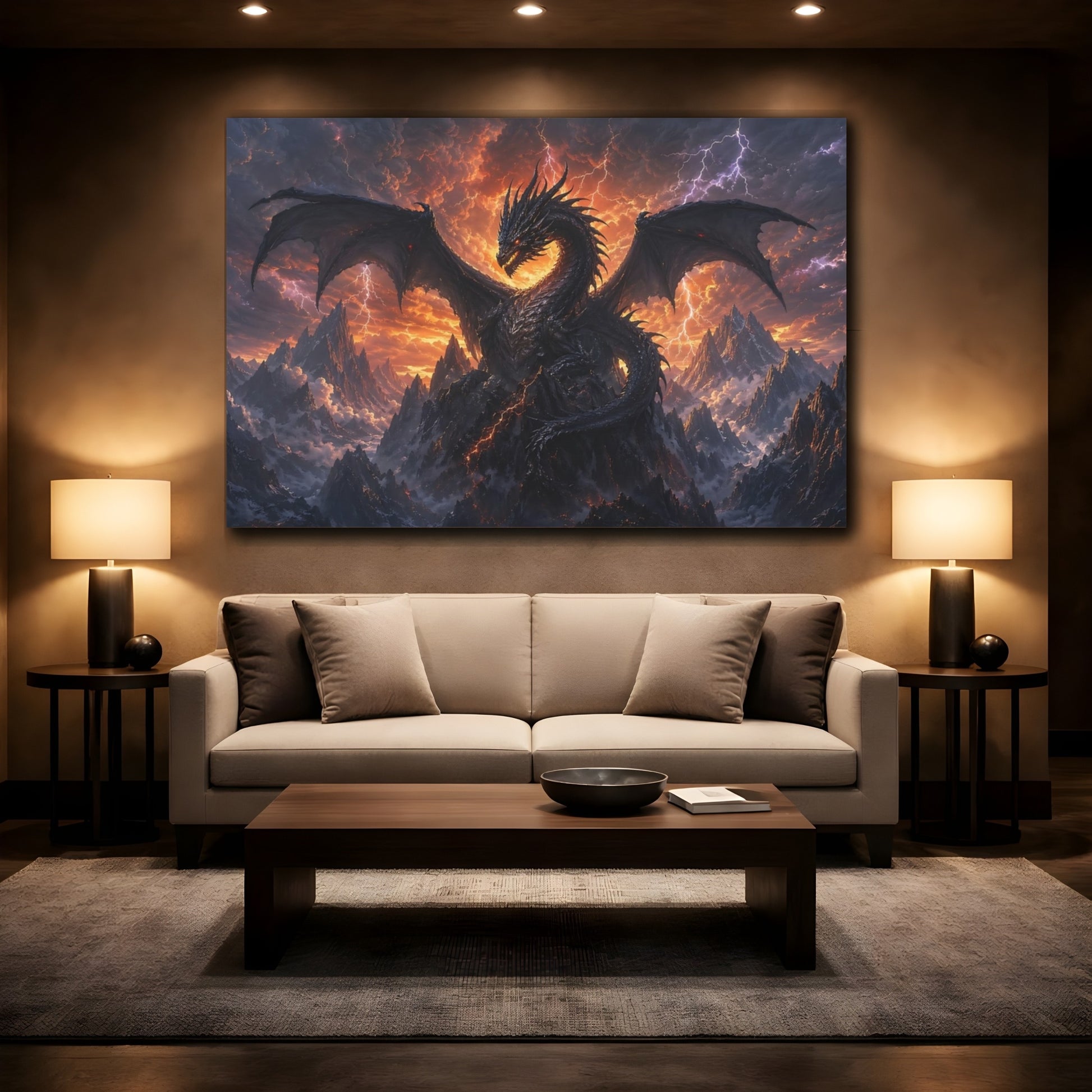 Mockup 2. Science Fiction Dragon Black Dragon shown as stretched canvas wall art