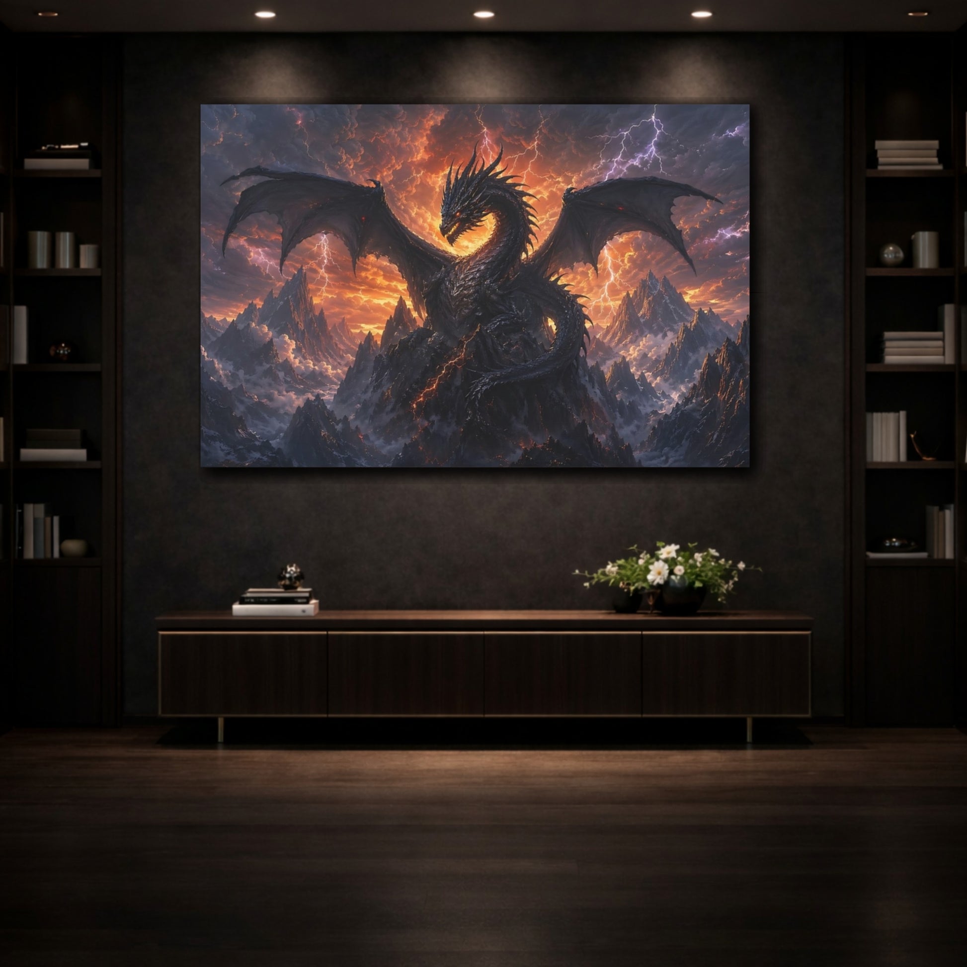 Mockup 3. Science Fiction Dragon Black Dragon shown as stretched canvas wall art