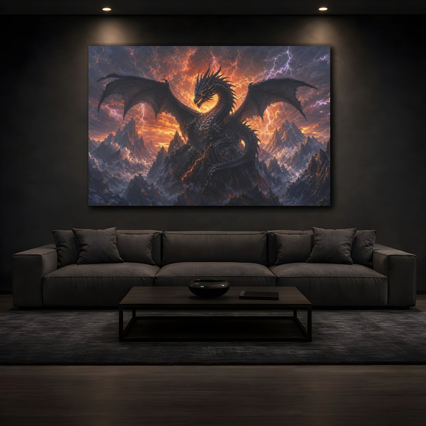 Mockup 4. Science Fiction Dragon Black Dragon shown as stretched canvas wall art