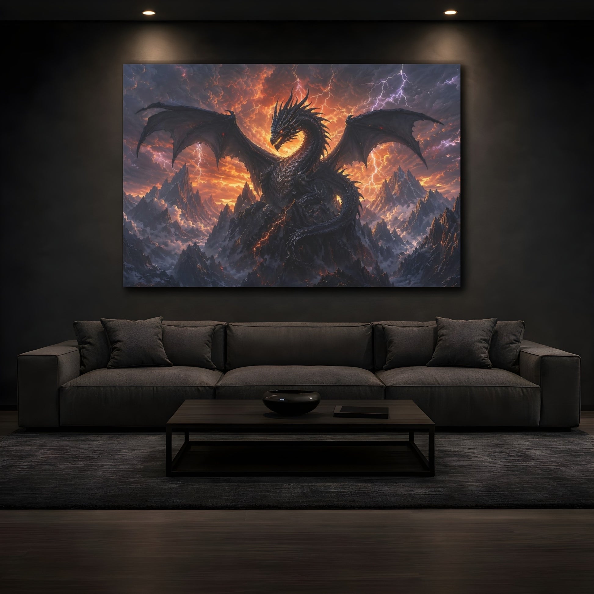 Mockup 4. Science Fiction Dragon Black Dragon shown as stretched canvas wall art