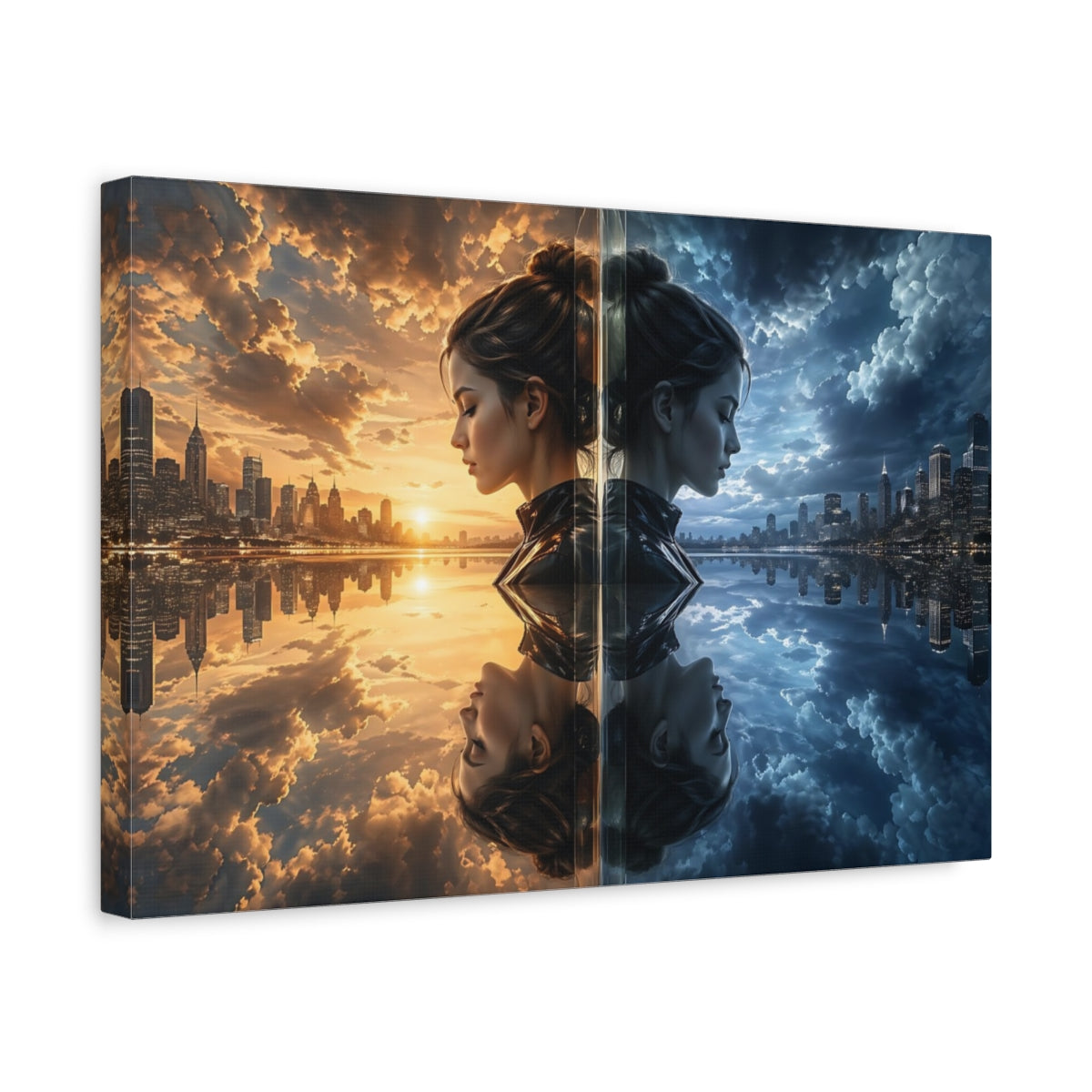 Side Mockup 4. Science Fiction Duality Woman Day Night Cityscape shown as stretched canvas wall art