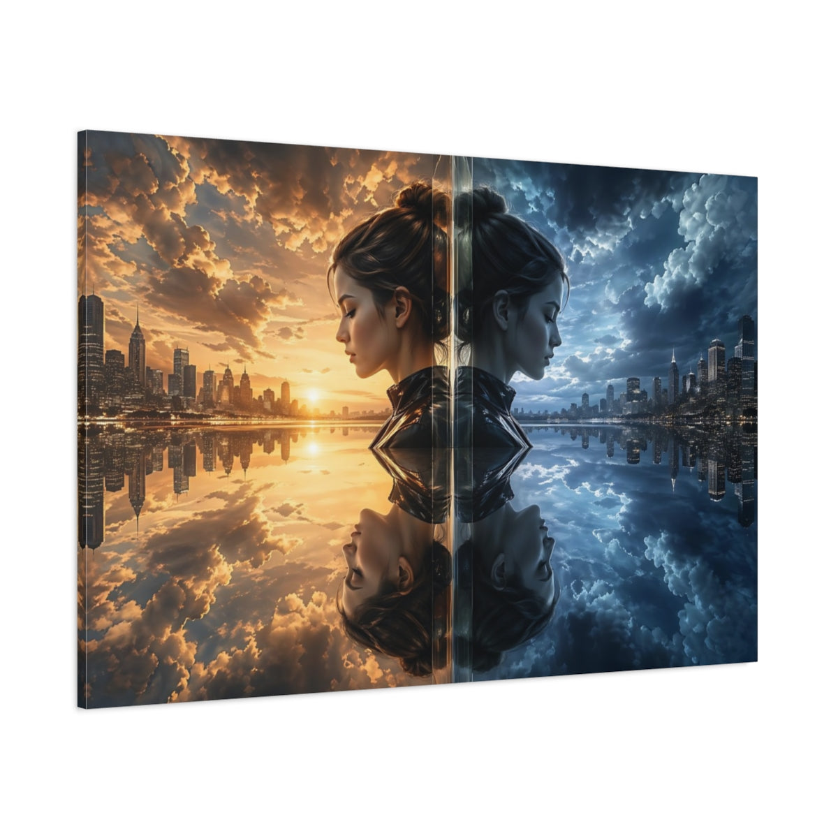 Side Mockup 1. Science Fiction Duality Woman Day Night Cityscape shown as stretched canvas wall art