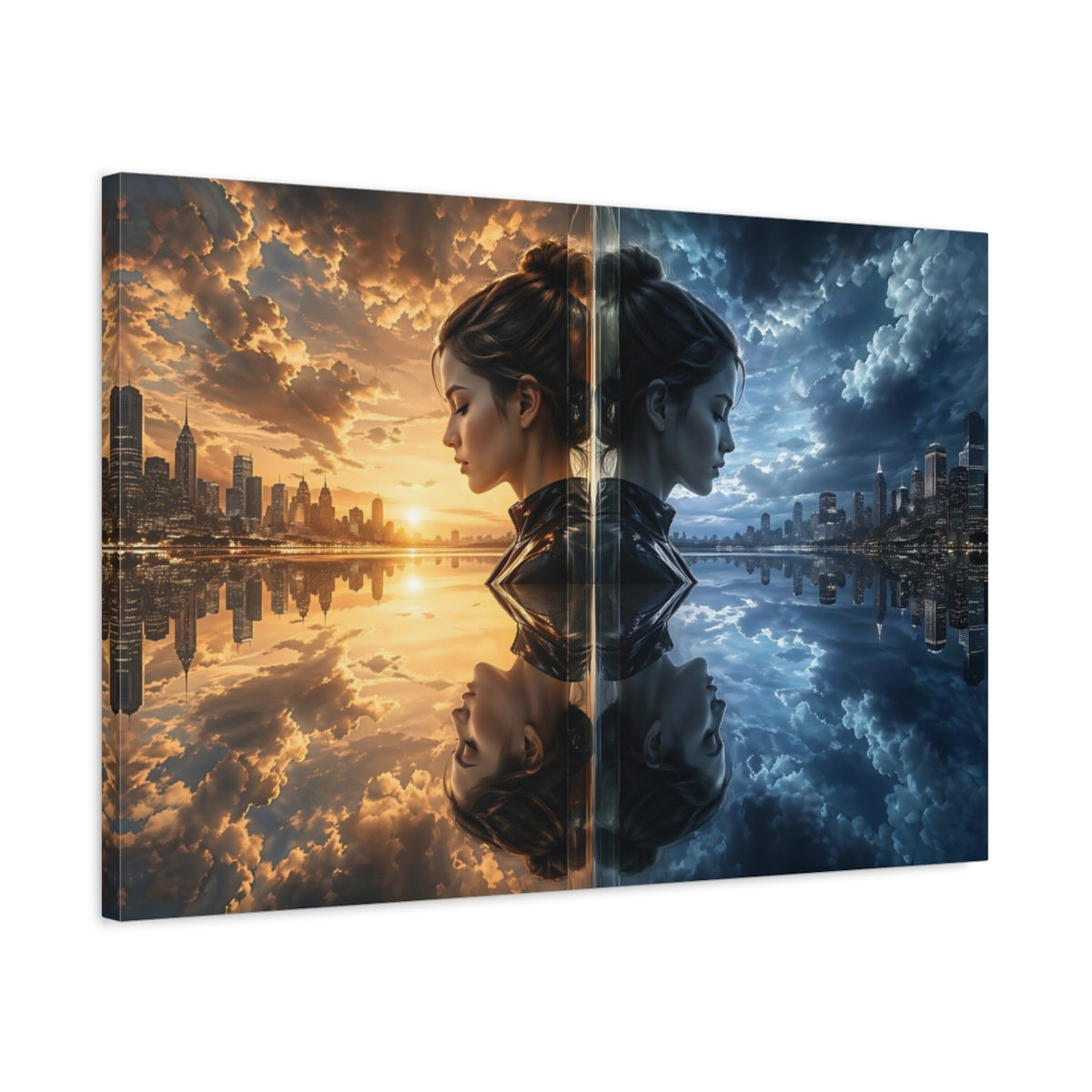 Side Mockup 2. Science Fiction Duality Woman Day Night Cityscape shown as stretched canvas wall art