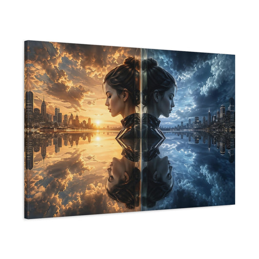Main Mockup. Science Fiction Duality Woman Day Night Cityscape shown as stretched canvas wall art