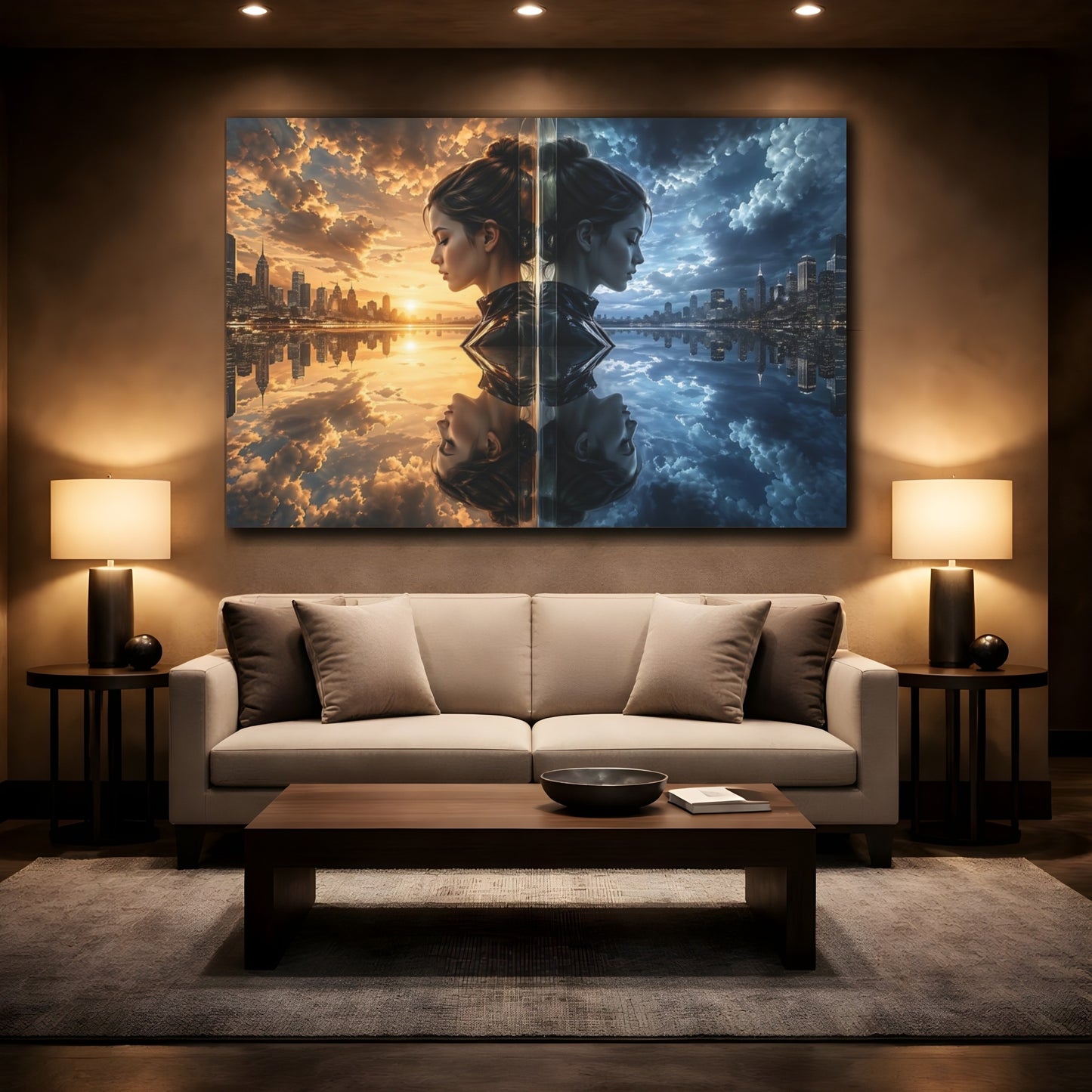 Mockup 2. Science Fiction Duality Woman Day Night Cityscape shown as stretched canvas wall art
