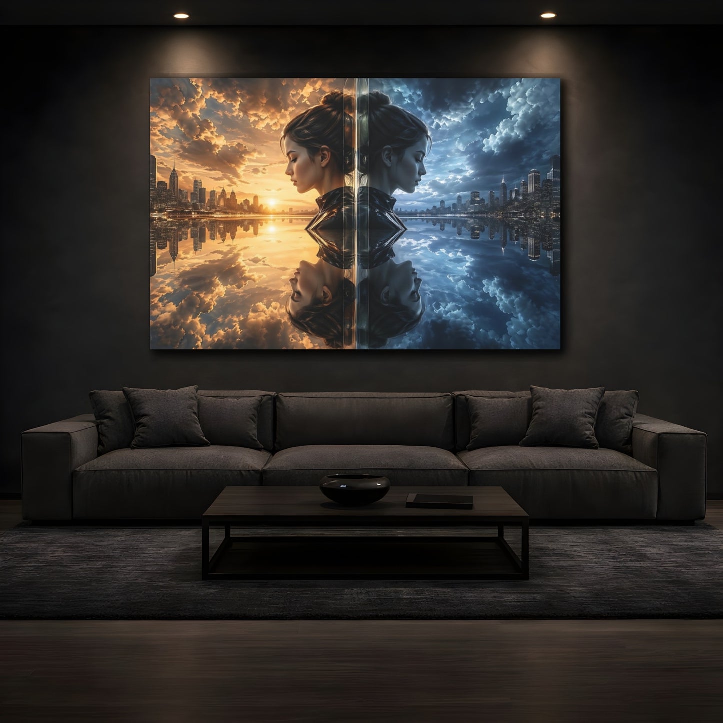 Mockup 3. Science Fiction Duality Woman Day Night Cityscape shown as stretched canvas wall art