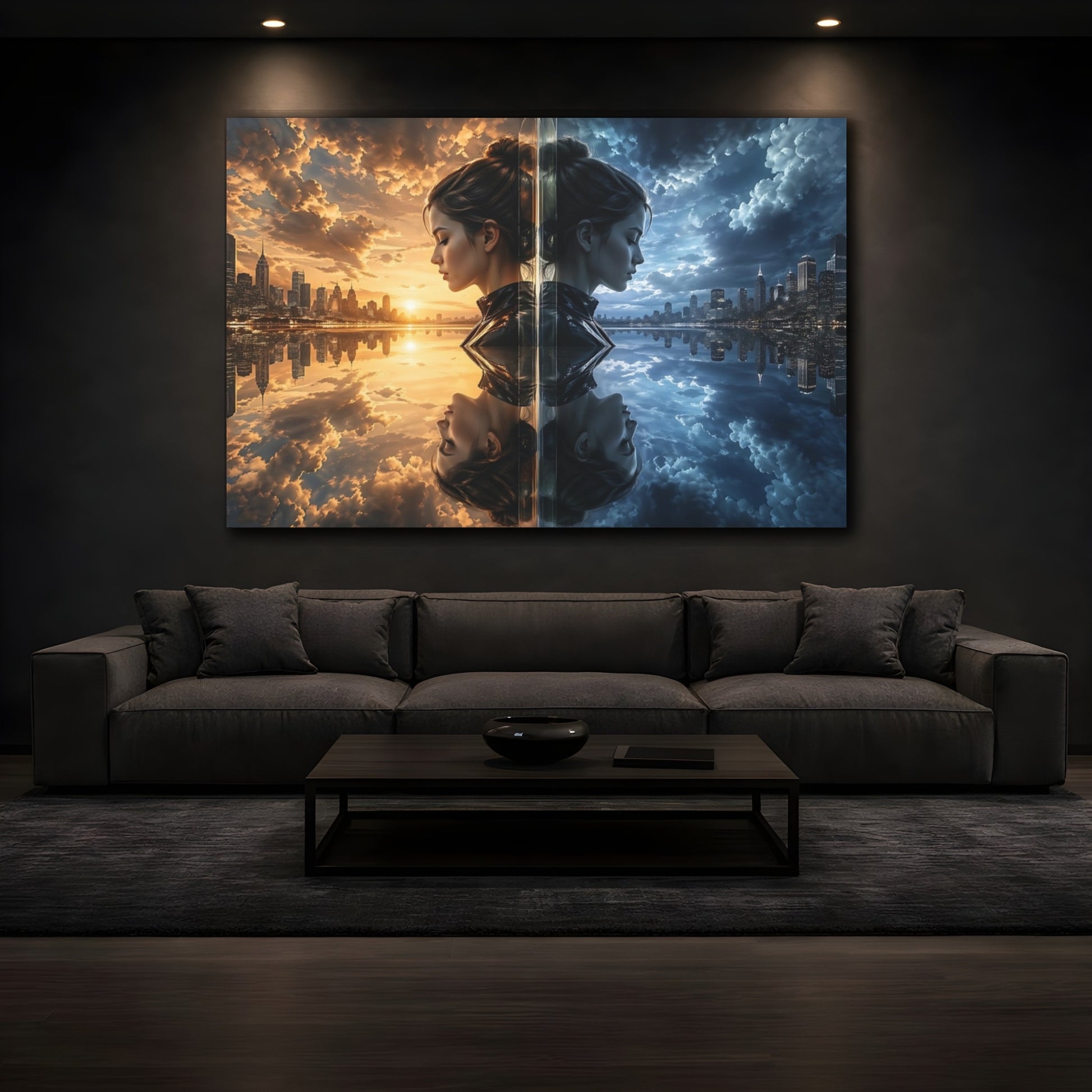 Mockup 3. Science Fiction Duality Woman Day Night Cityscape shown as stretched canvas wall art