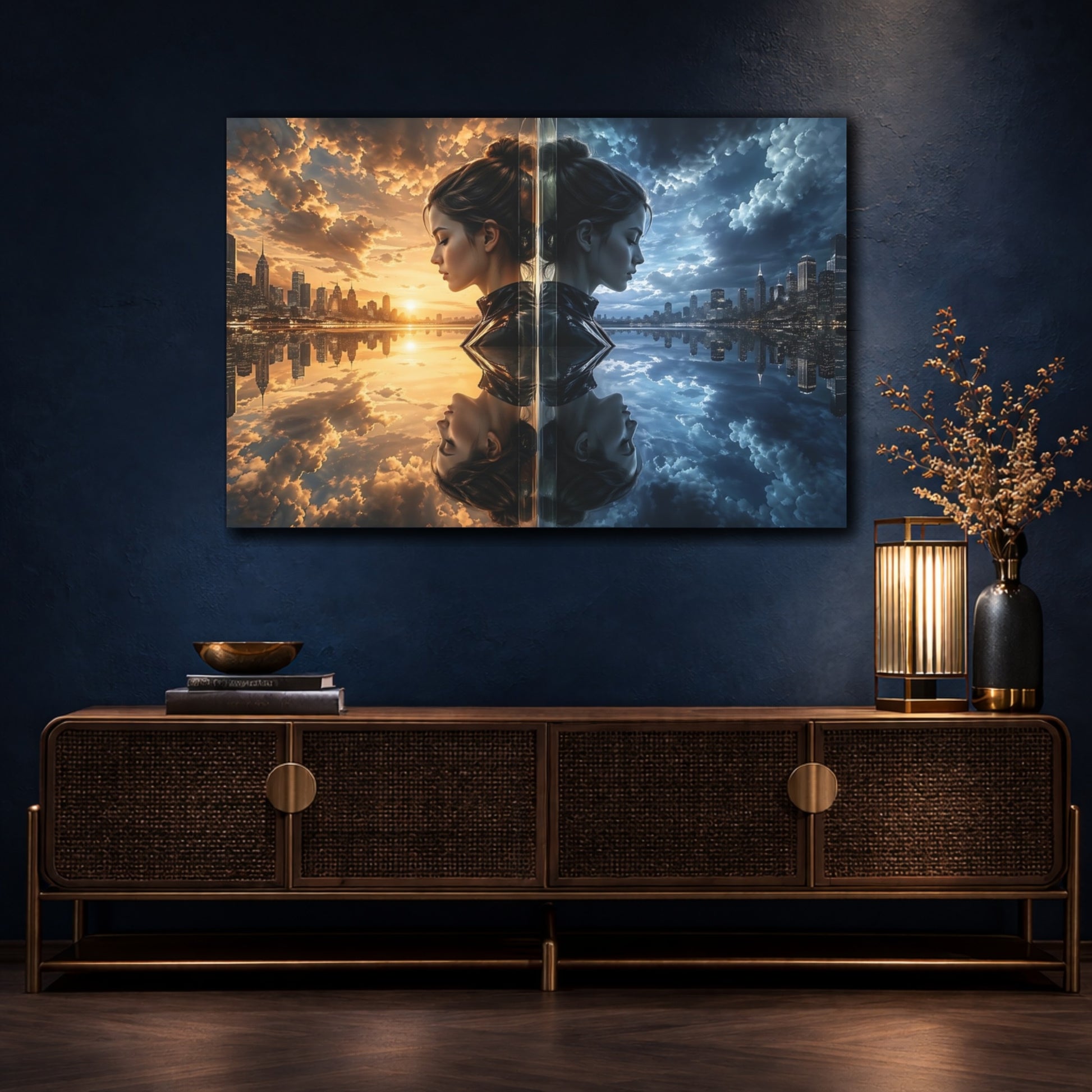 Mockup 4. Science Fiction Duality Woman Day Night Cityscape shown as stretched canvas wall art