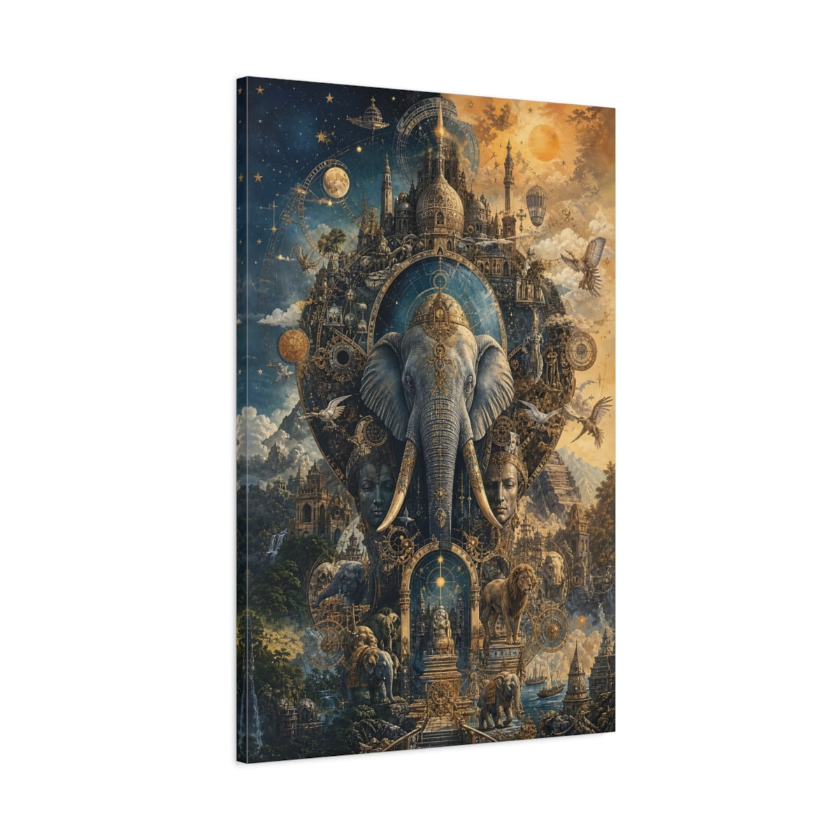 Main Mockup. Science Fiction Elephant Golden Celestial shown as stretched canvas wall art